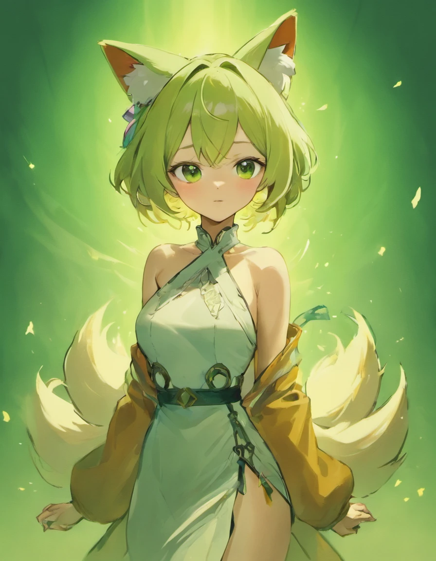 1girl, wlop, (blindfold), breasts, cleavage, cleavage cutout, dress cutout, green background, hair between eyes, headband, high resolution, juliet sleeves, long sleeves, nier (series), nier automata, fluffy sleeves, red lips, shadow face, short hair, solo, turtleneck sweater, upper body, l blue hair, sky, white fox ears, white fox tail, nine-tailed fox,