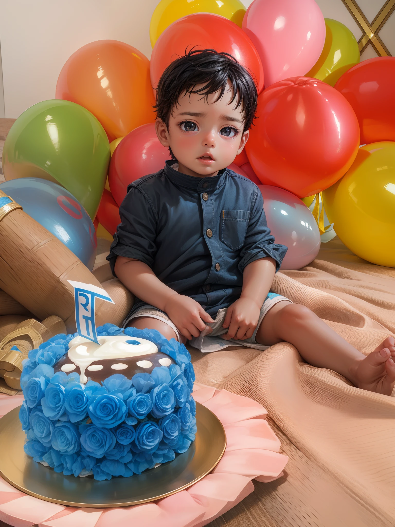 8k, Quilty Altitude, Realistic, Beautiful realism, outstanding detail, RAW photo, Realistic clothes, realistic hair, Light and cool lighting, realistic photo, Cel shaded, Gel lighting, ultra-detail, realistic eyes, Baby boy, 2 Years, Cute baby boy, Beige skin, Black Eyes