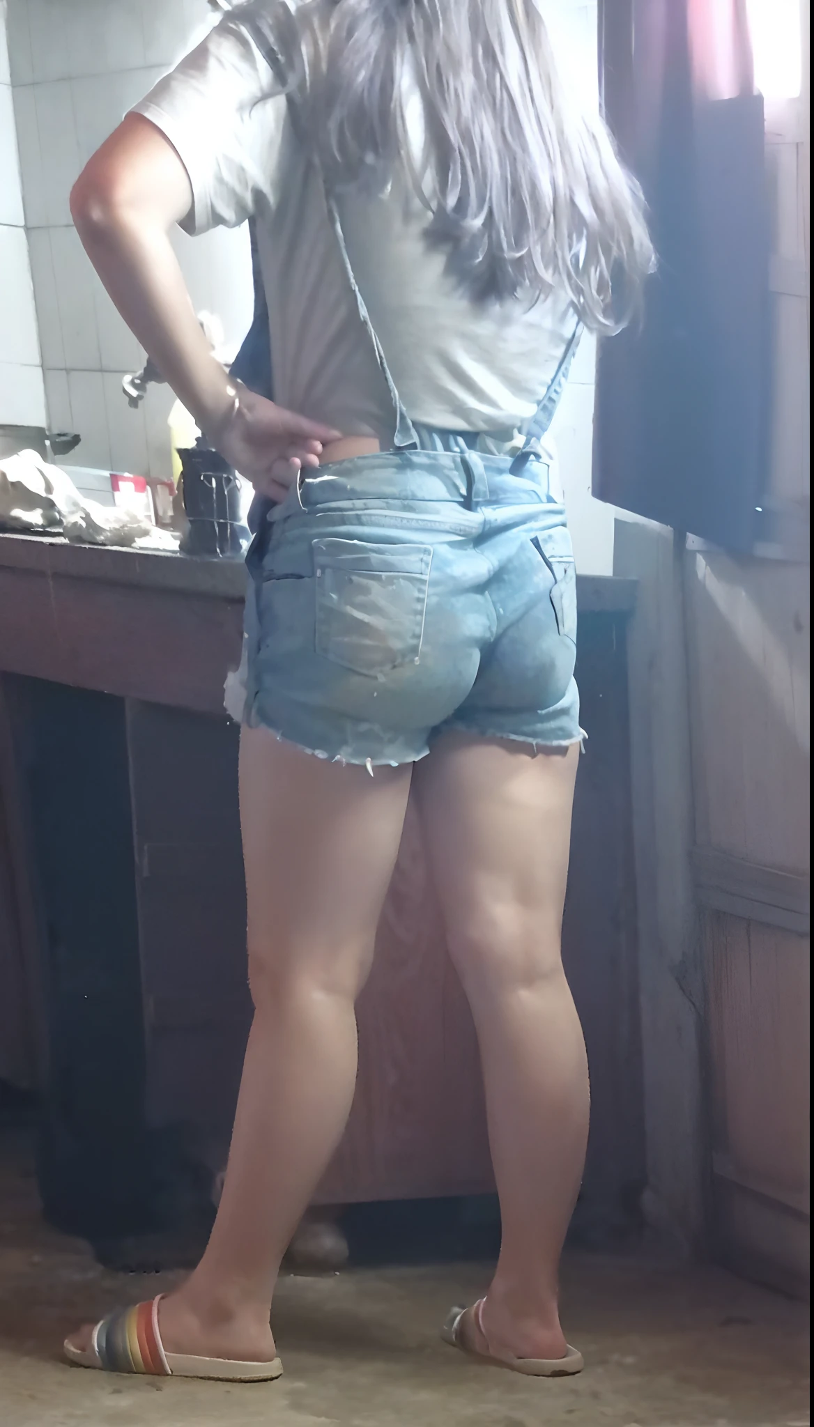 araffed woman in a kitchen with a messy hair and a pair of shorts, legs visible, 2 4 year old female model, full body picture, 2 3 years old, wearing dirty overalls, 2 2 years old, sexy girl wearing shorts, long shot from back, full body wide shot, 2 4 years old, 2 9 years old