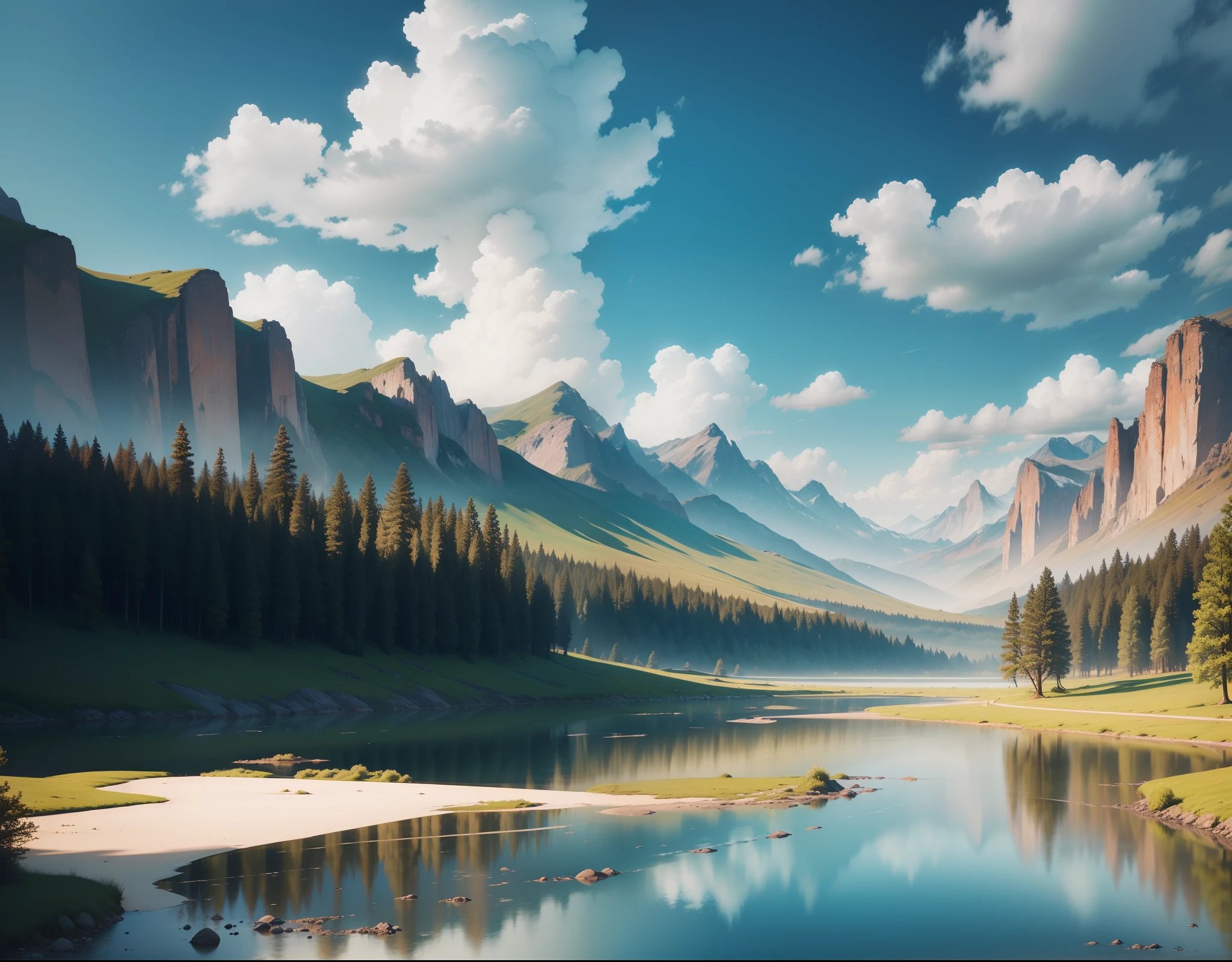 landscape, quiet, surreal, sky, clouds, angels in the form of watermark, calm environment, river of near running water, a multicolored valley, psychedelic, 8k, best quality, photorealistic