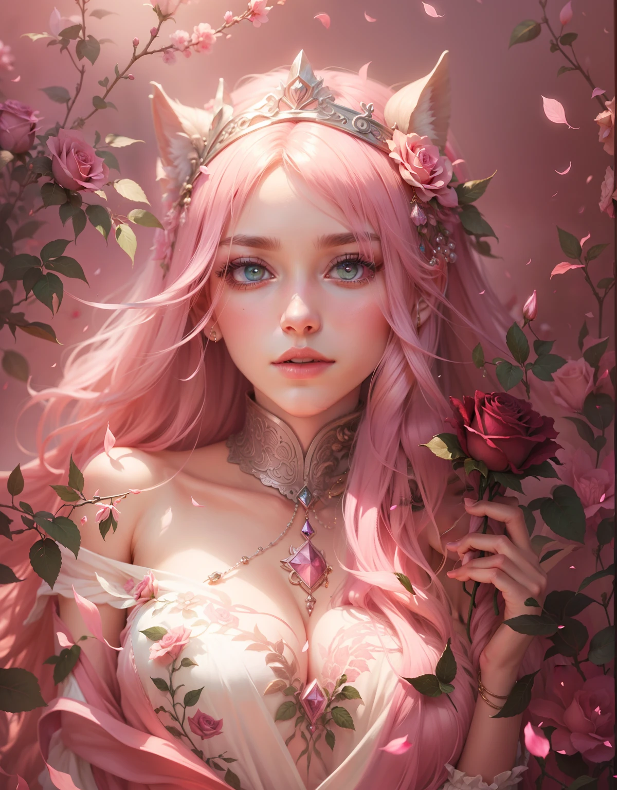 Fantasy art in a pinkish shade with a beautiful rose in your hands