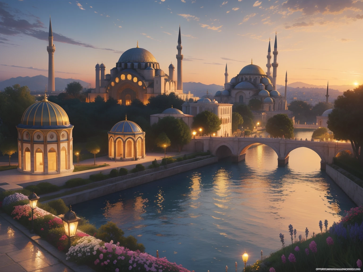 Enchanting view of Hagia Sophia (0.2), magnificent domes and minarets reaching the sky (0.15), Byzantine mosaics shimmering in the sun (0.1), surrounded by lush gardens in full bloom (0.15), silhouette distant Istanbul cityscape (0.1), calm waters of the Bosphorus in the foreground (0.1), sunset tones painting the scene in warm colors (0.1), rendered in stroke art styles impressionists by Claude Monet (0.05) and in the idyllic, light-infused setting of Thomas Kinkade (0.05) 4 different image types image size 1024x768