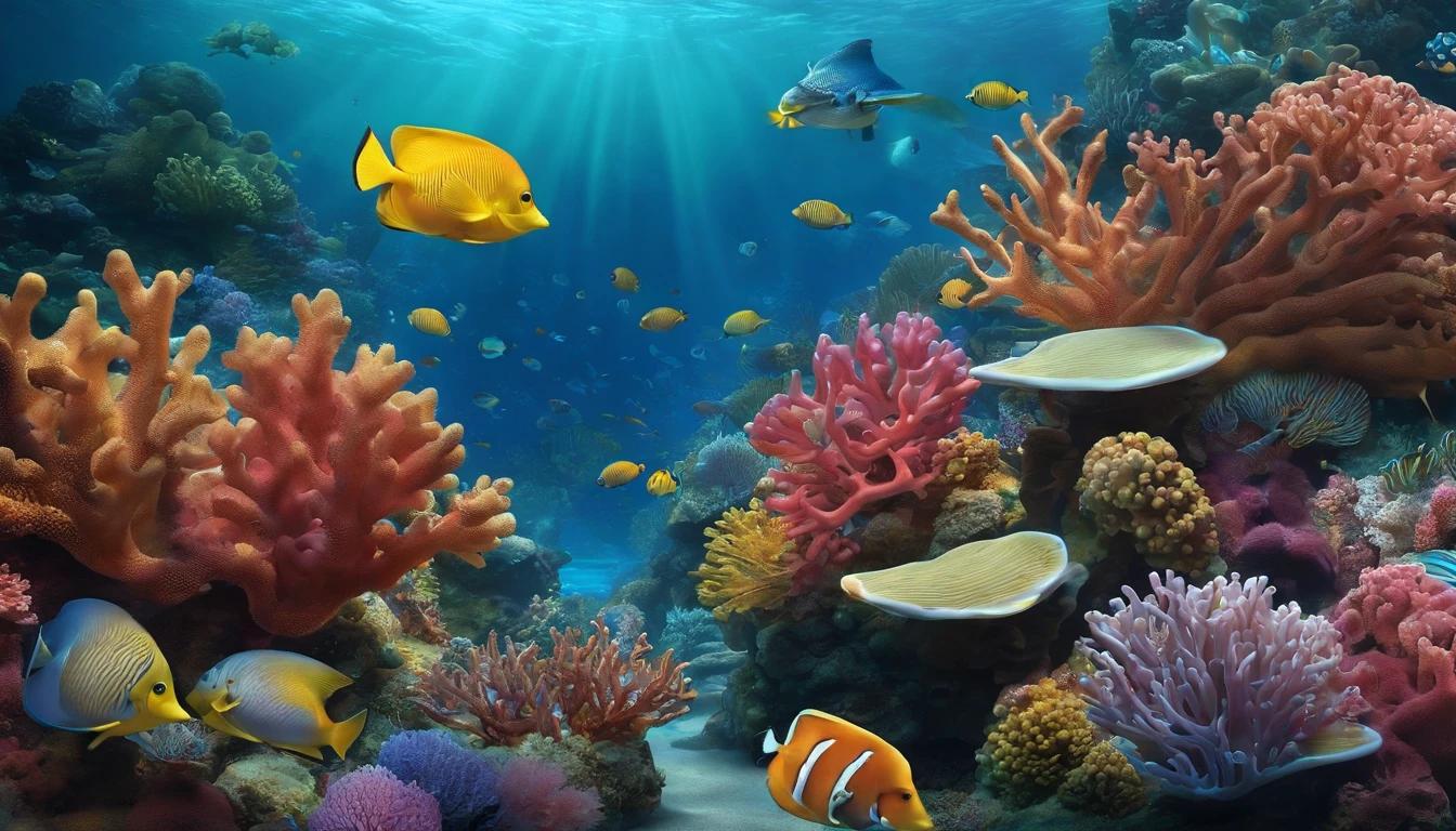 Arte conceitual da vida marinha, Paisagem submarina, Vida marinha，Beautiful coral reefs come in different forms，..3d，peixe, Illustration of female animated fantasy. Longos cabelos brancos espalhados no mar, deriva, Muito harmonioso. Toda a pintura adota um estilo de pintura confuso e imaginativo. Colors are bright and saturated, linha elegante. The mystery and beauty of the ocean, The painting depicts an underwater world full of life and vitality, Live wallpapers，8 mil
