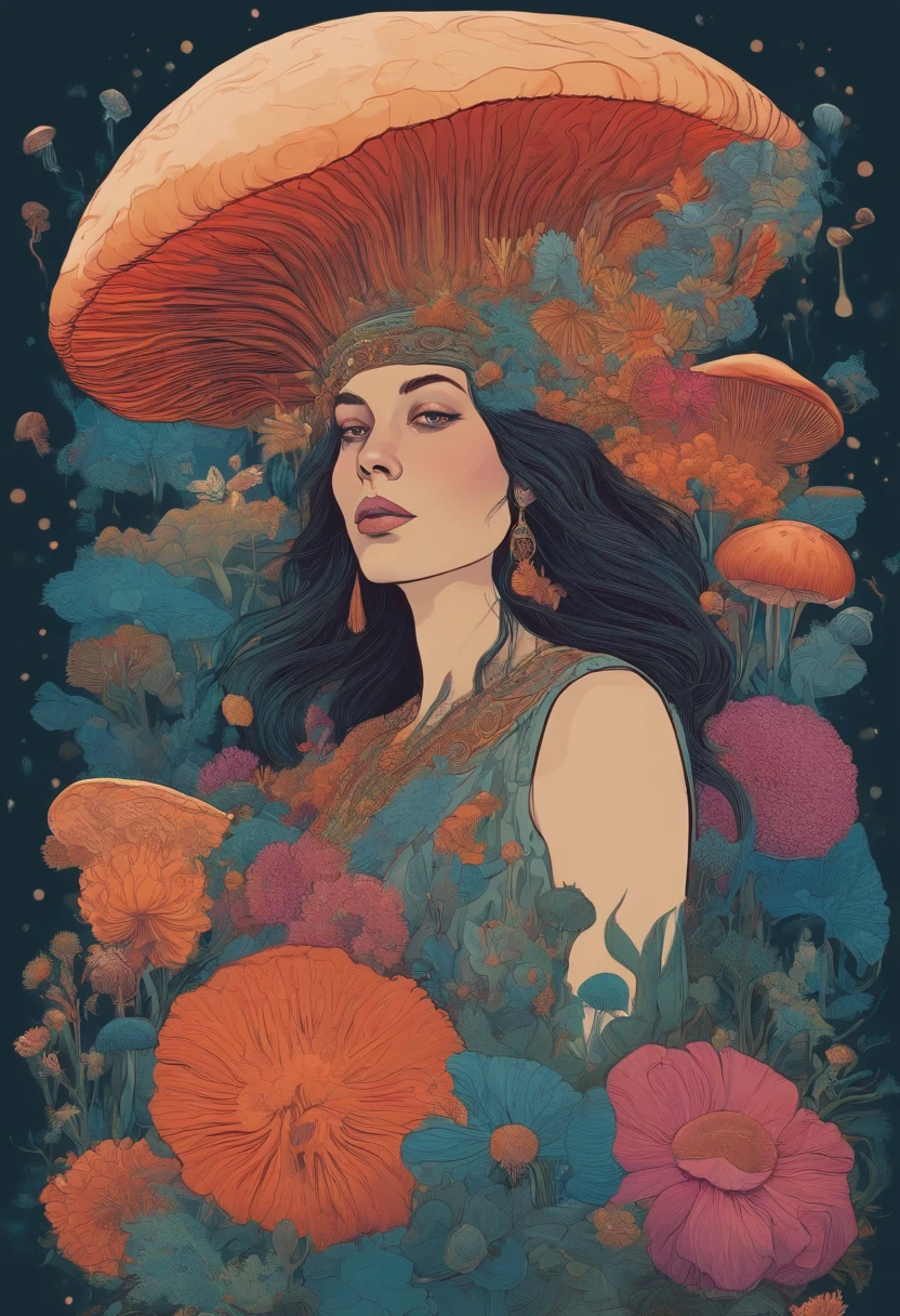 there is a woman with a lot of flowers on her head, psychedelic mushrooms dream, jellyfish priestess, psychedelic illustration, jellyfish headdress, a beautiful artwork illustration, in style of laurie greasley, by Justin Gerard, jen bartel, pop surrealism art style, loish |, colorfull illustration, magic mushroom, cosmic horror illustration