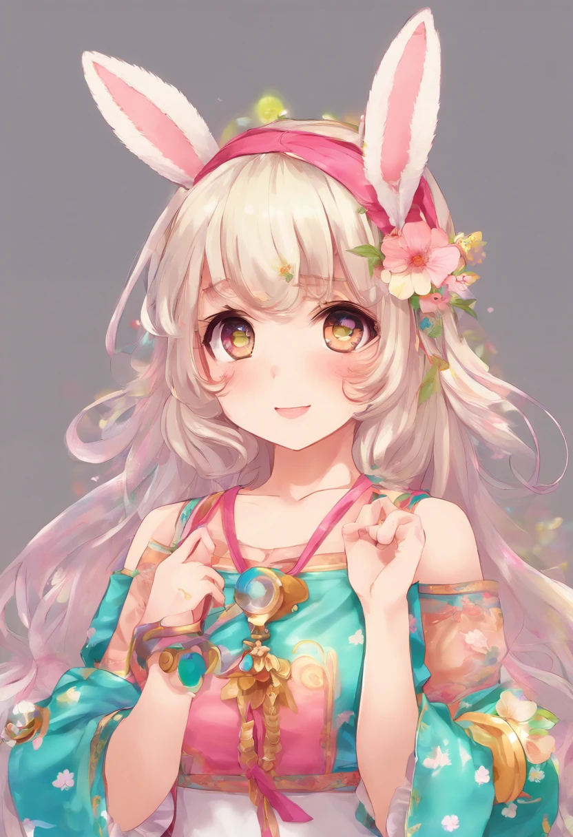 ((Best Quality)), (ultra-detailliert), ((Extremely detailed)), (Beautiful), ((Kawaii Girl)),(two side up hair)、((masutepiece)),Platinum Blonde Hair,Long hair, hair between eye, Wavy Hair, Long sideburns,Jade-colored eyes, White skin,Colossal tits、Rabbit ears,Slender body,playboy_bunny,Standing,Look Camera,One Woman,Anime