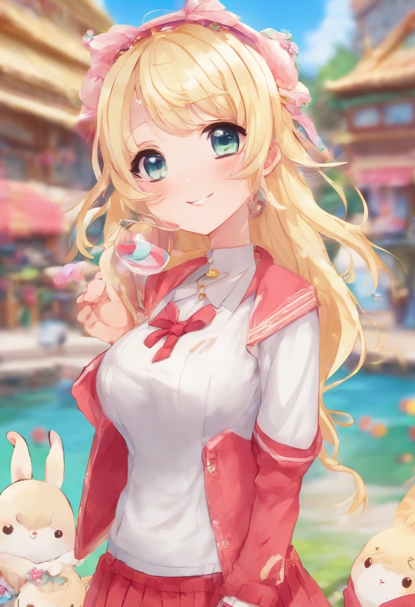 ((Best Quality)), (ultra-detailliert), ((Extremely detailed)), (Beautiful), ((Kawaii Girl)),(two side up hair)、((masutepiece)),Platinum Blonde Hair,Long hair, hair between eye, Wavy Hair, Long sideburns,Jade-colored eyes, White skin,Colossal tits、Rabbit ears,Slender body,playboy_bunny,Standing,Look Camera,One Woman,Anime