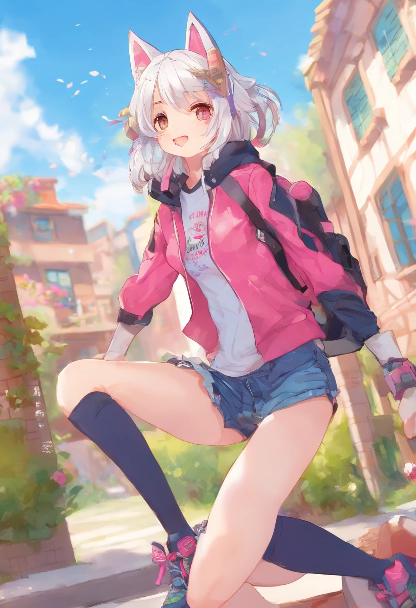 Single boy, Anime Femboy, Short, Long white hair, wolf ears, wolf tail, blue eyes, wearing jean short shorts, thigh high socks, black combat boots, wearing cropped black hoodie, flat chest, super flat chest, solo femboy, only one femboy ((FLAT CHEST)), wide hips, thicc thighs, happy, nice butt