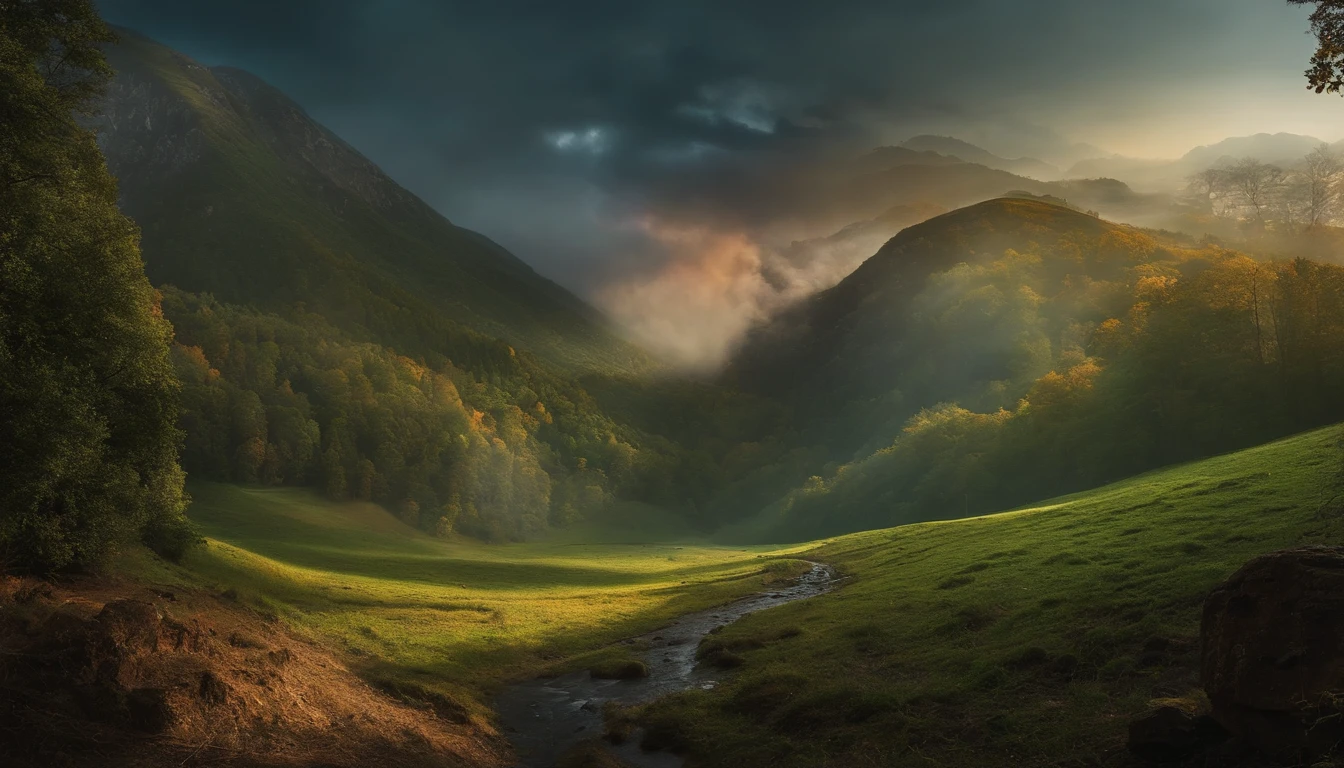 Arafed view of a valley with a stream running through it - SeaArt AI