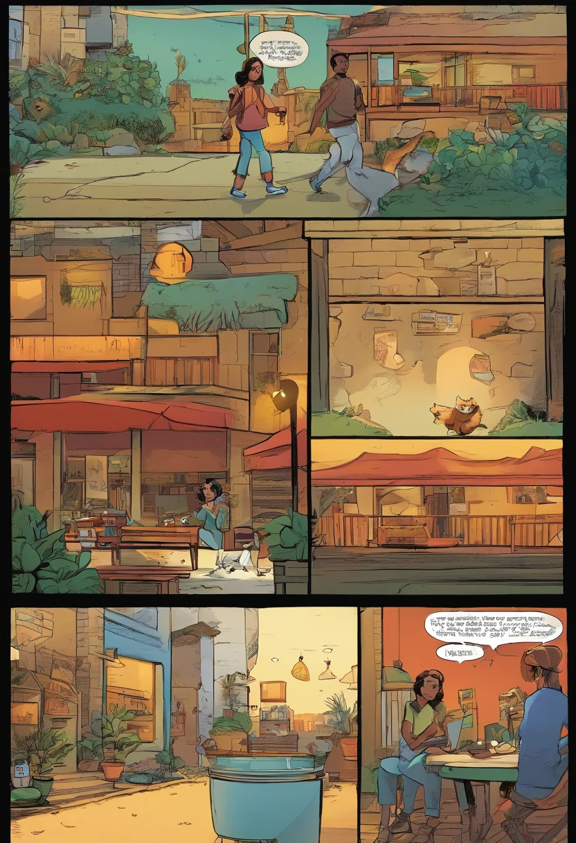 Quadrinhos americanos, The comic is presented in several irregular panels with colors. The short-haired American cat struggles as it runs away from home and then reunites with its owner. The style is exaggerated and detailed