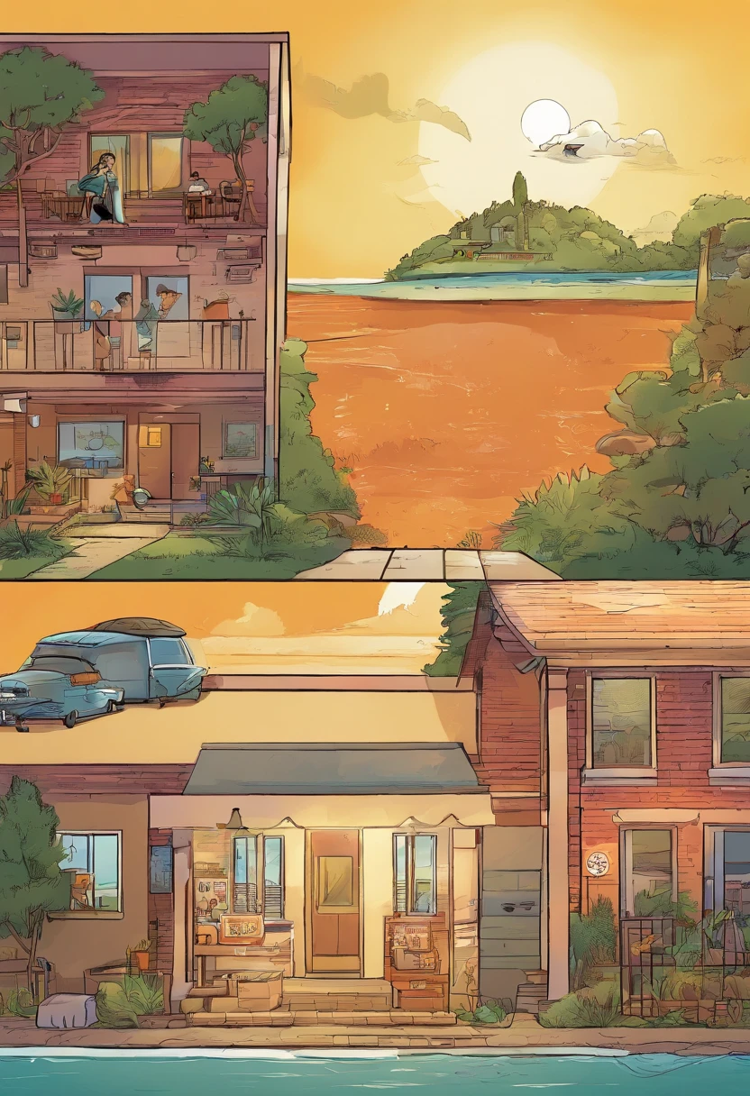 Quadrinhos americanos, The comic is presented in several irregular panels with colors. The short-haired American cat struggles as it runs away from home and then reunites with its owner. The style is exaggerated and detailed