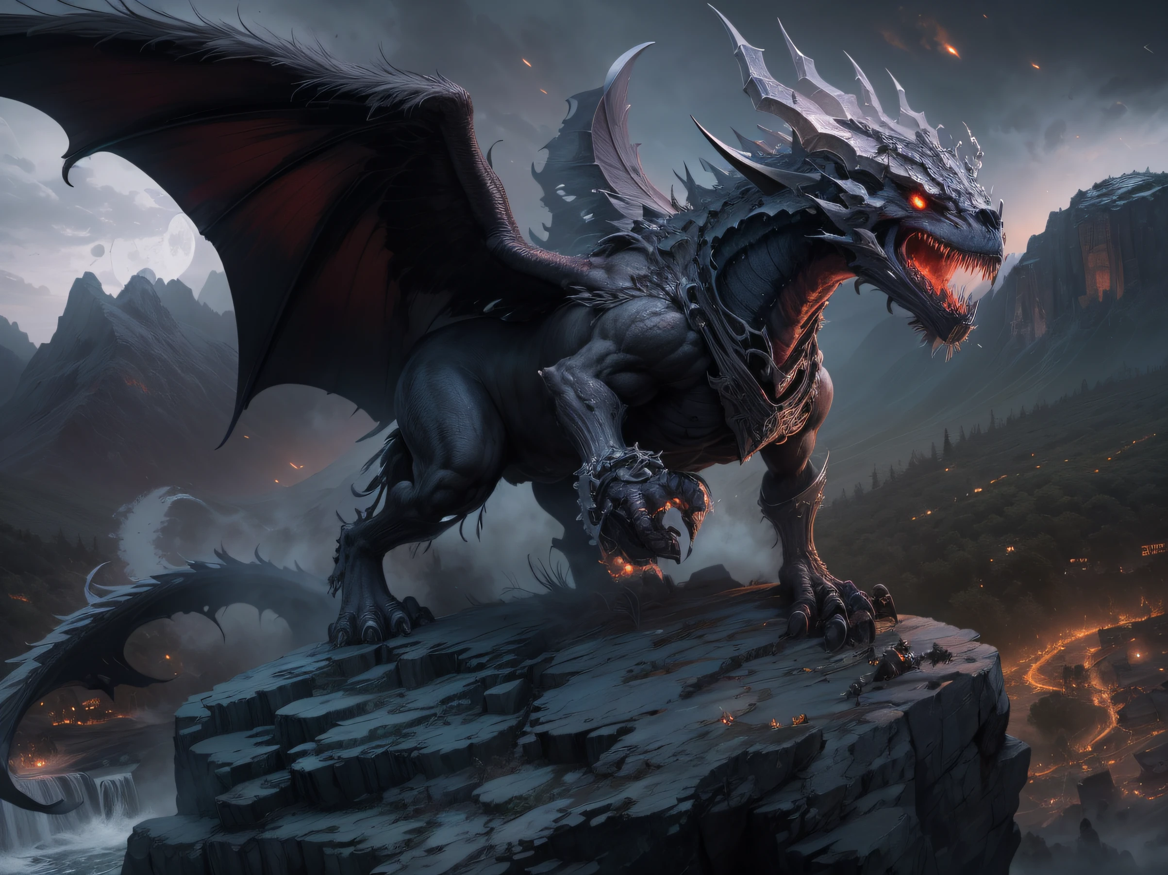 In the moonlit night of a rural farm, the Chupacabra prowls among the livestock. Its reptilian skin glistens under the moonlight, and its glowing red eyes scan the area for prey. Sharp spines run down its back, and its fanged mouth drips with saliva as it crouches, ready to strike
