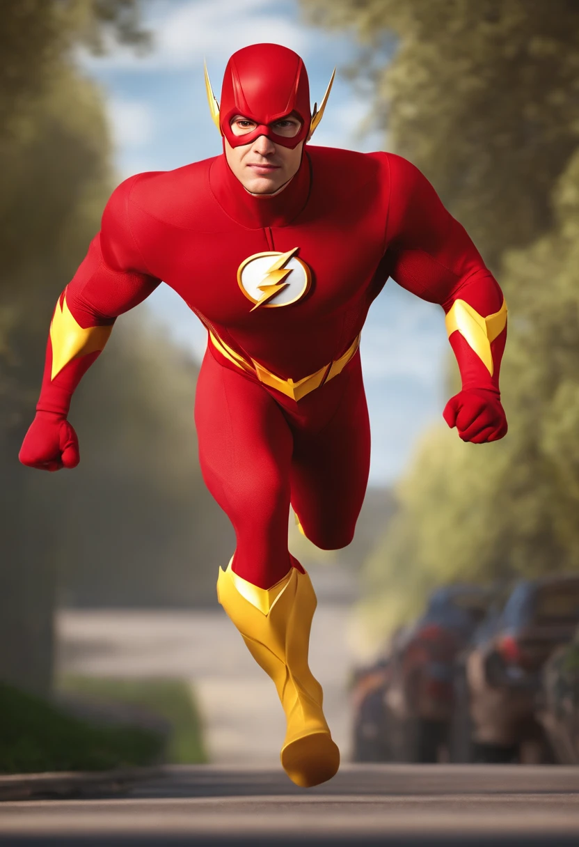 description: Make a Guy Highlights: Ele tem 30anos , gravata,PALITO Scenario: Tipo de desenho Disney Compartilhar: He's dressed as the flash, roupa dourada, Chasing a Formula 1 car. qualidade: Pixar, ....3d, Disney Criando Personagem Disney, Pixar