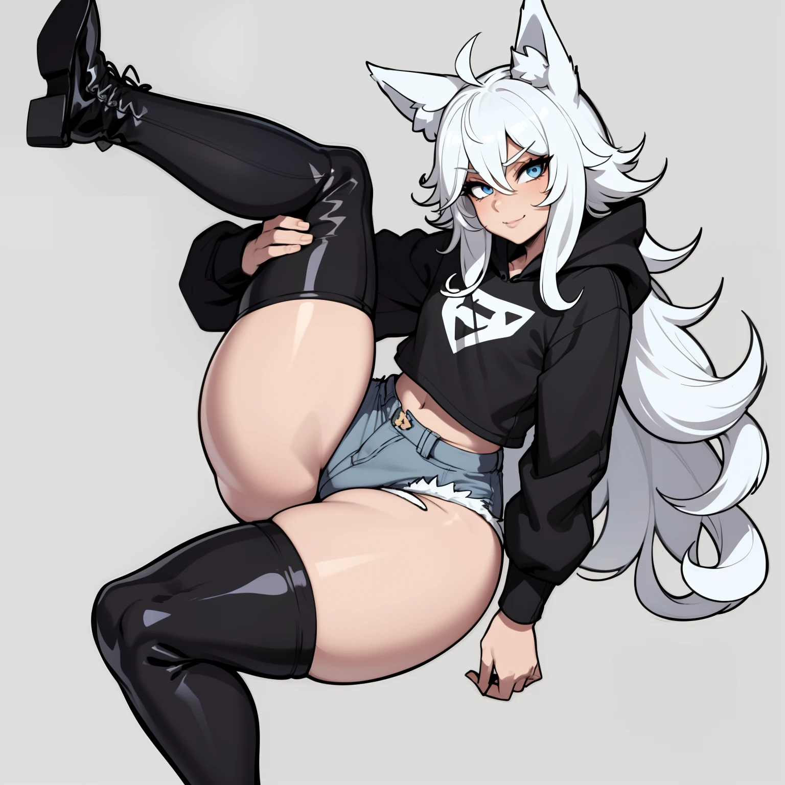 Single boy, Anime Femboy, Short, Long white hair, wolf ears, wolf tail, blue eyes, wearing jean short shorts, thigh high socks, black combat boots, wearing cropped black hoodie, flat chest, super flat chest, solo femboy, only one femboy ((FLAT CHEST)), wide hips, thicc thighs, happy, nice butt