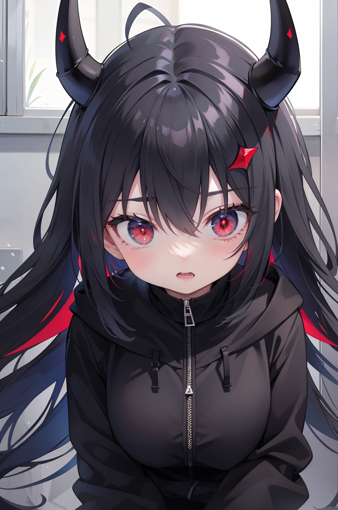 1girl, demon, crazy expression, evil, red eyes, black blue hair with highlights