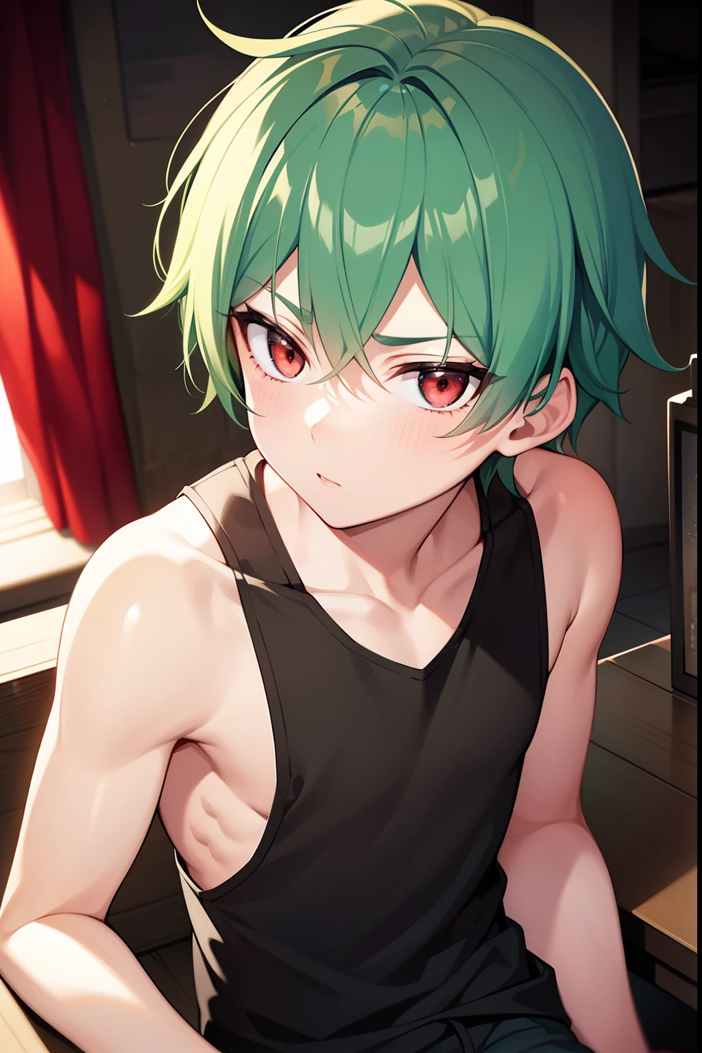 Boy with green hair and red eyes