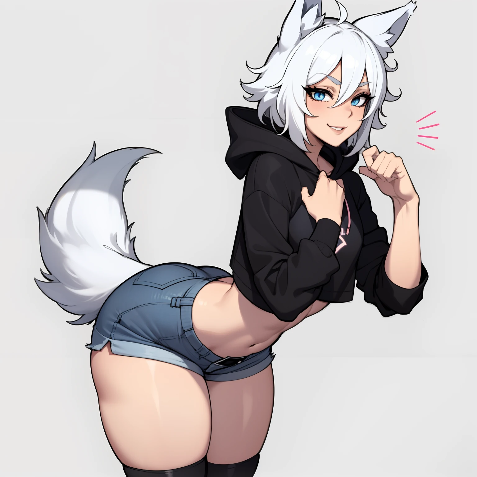 Single boy, Anime Femboy, Short, Long white hair, wolf ears, wolf tail, blue eyes, wearing jean short shorts, thigh high socks, black combat boots, wearing cropped black hoodie, flat chest, super flat chest, solo femboy, only one femboy ((FLAT CHEST)), wide hips, thicc thighs, happy, nice butt