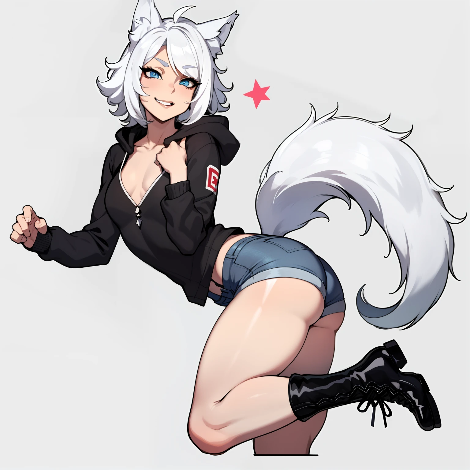 Single boy, Anime Femboy, Short, Long white hair, wolf ears, wolf tail, blue eyes, wearing jean short shorts, thigh high socks, black combat boots, wearing cropped black hoodie, flat chest, super flat chest, solo femboy, only one femboy ((FLAT CHEST)), wide hips, thicc thighs, happy, nice butt
