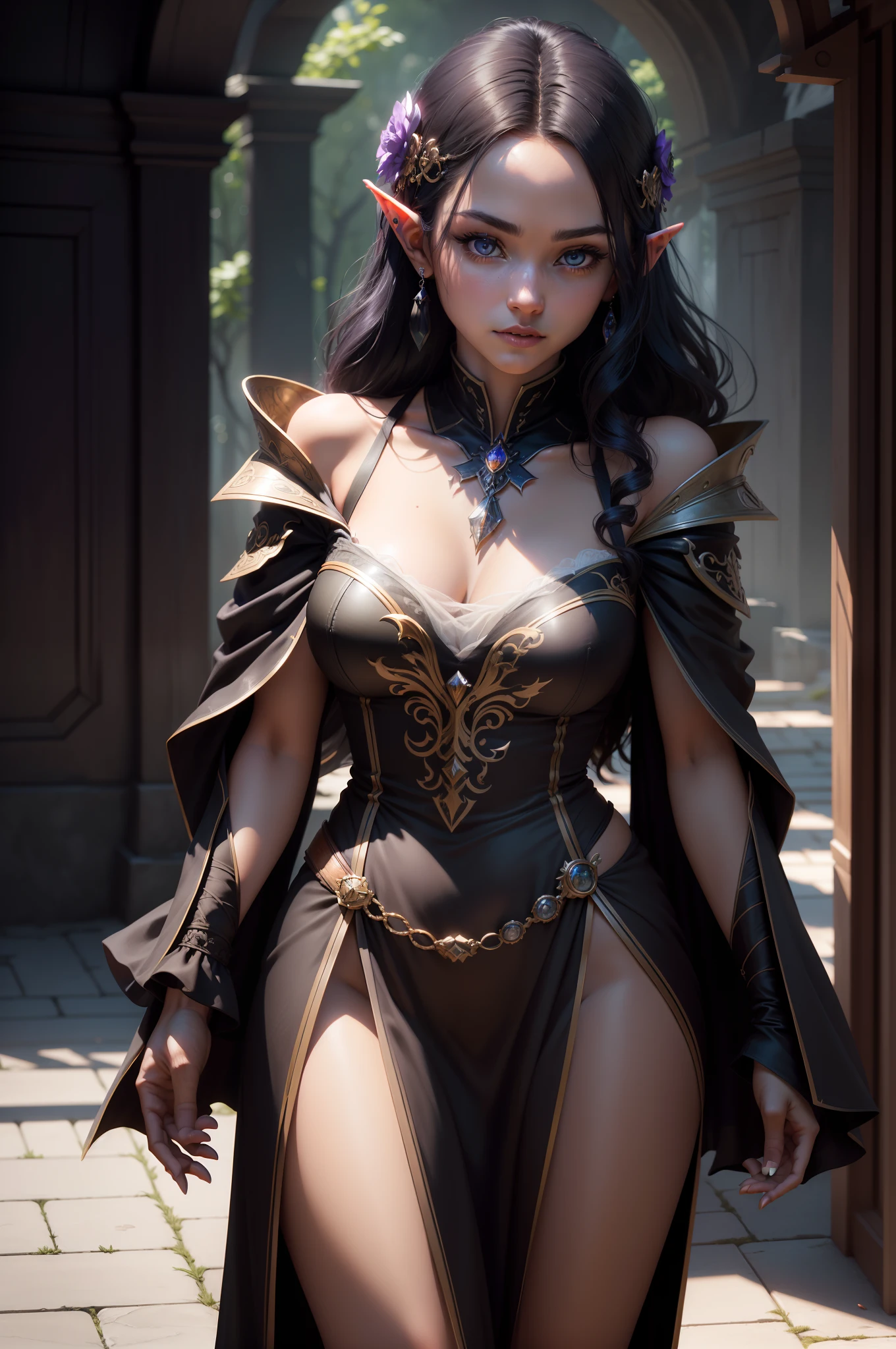 striking half-elf with ebony hair, piercing violet eyes, and an air of mystery. She always dresses in elegant, dark robe, raven familiar perched on her shoulder, beautiful, pristine, rpg, hi res, 4k, 8k, 16k, ultrahd, realisitic, photon mapping, radiosity, cinematic lighting, sharp focus, best quality, volumetric lighting, volumetric light, concept art, path tracing. warm colors, (RAW photo., best quality), (realistic, Realistic: 1.3), NVIDIA RTX Ray Tracing, octan render, high-resolution, beautiful, Awesome, finely and highly detailed, masterpiece, ultra-detailed, High, (best illustration), (best shadow), intricate, sharp focus, perfect composition, fantasy, intricate, elegant, volumetric mist, 8k UHD, DSLR, high quality, (grain of film: 1.4), Fujifilm XT3, art-station, smooth and sharp focus, detailed