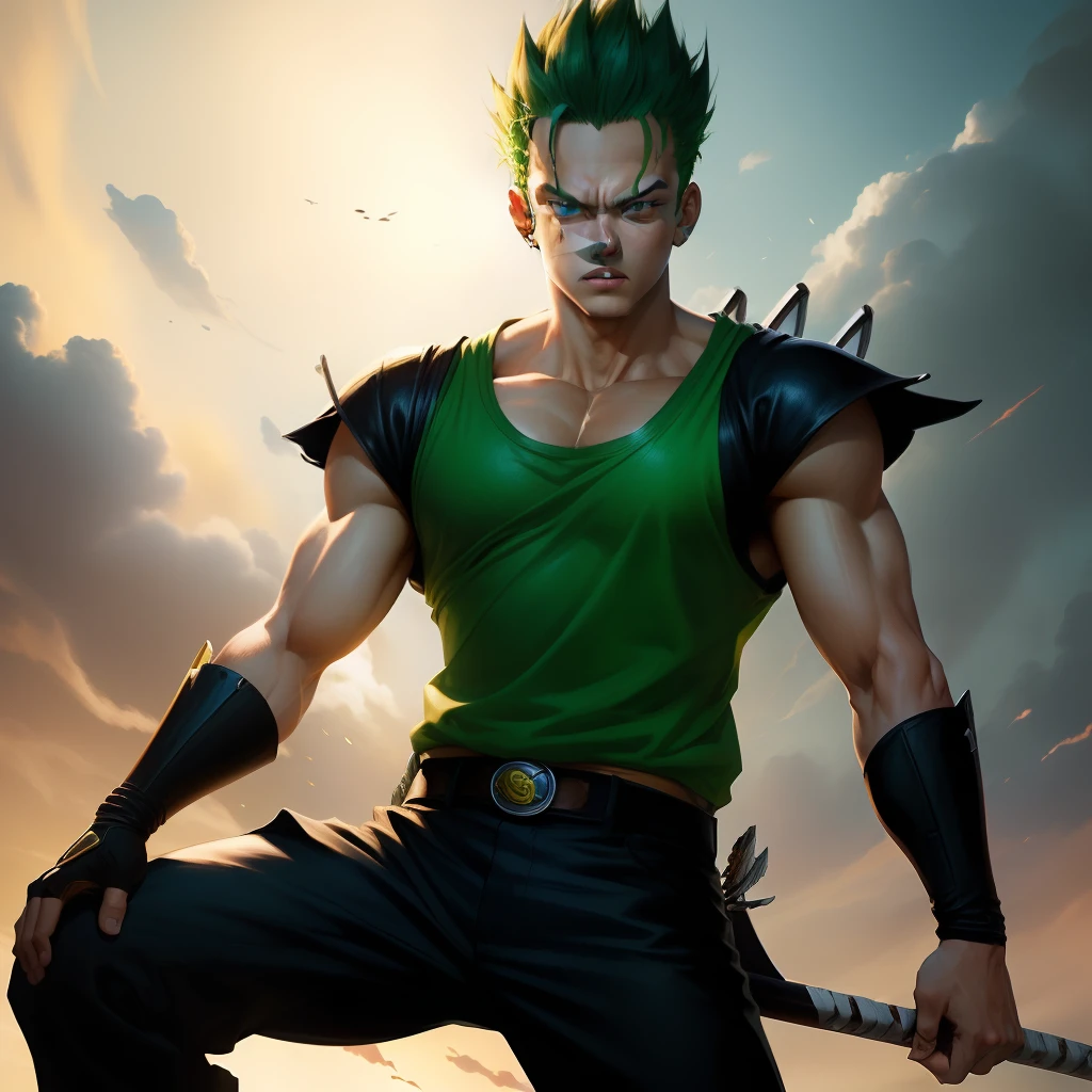 Perfect picture of green hair roronoa zoro with his 3 swords in hd quality.in action