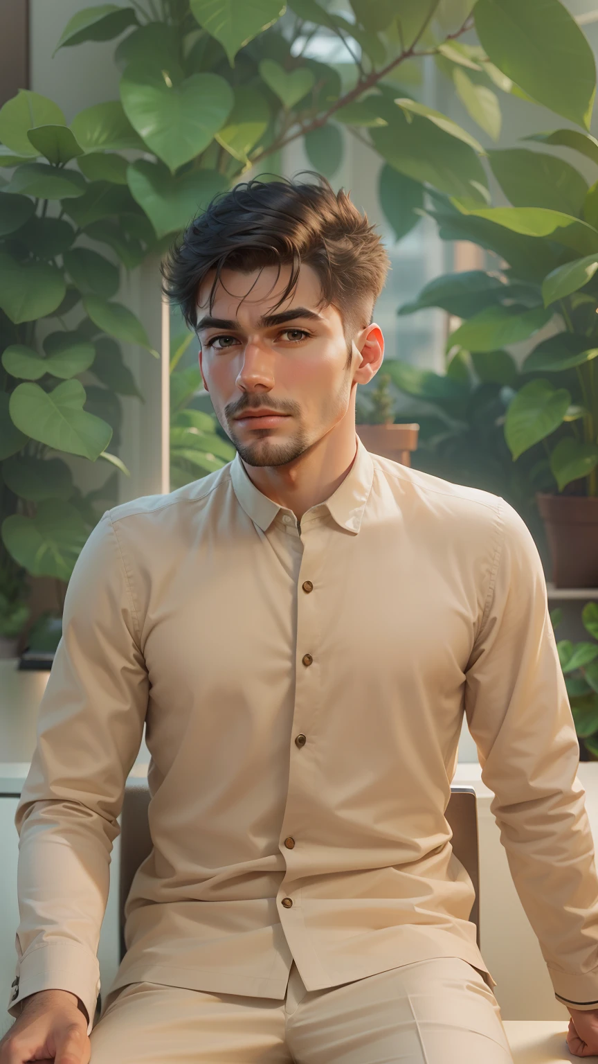 Create an ultra realistic image, image in high quality realistic face, a man in a stylish cross-legged suit sitting behind a luxurious office desk holding both hands in front of face
