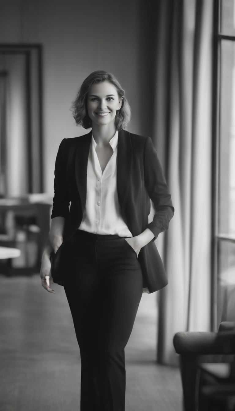 Very beautiful young lawyer smiling in a cold lit office room, alto contraste, lente canon 35mm, imagem muito realista, obra prima da fotografia, Complex and detailed rendering