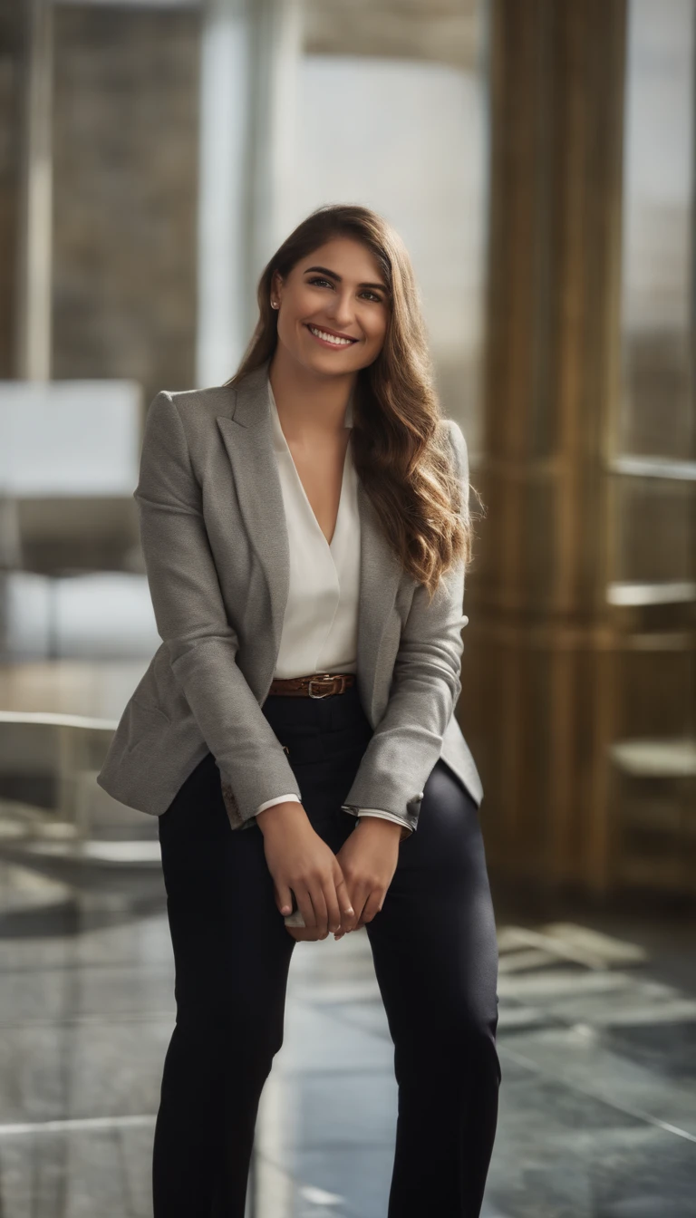 Very beautiful young lawyer smiling in a cold lit office room, alto contraste, lente canon 35mm, imagem muito realista, obra prima da fotografia, Complex and detailed rendering