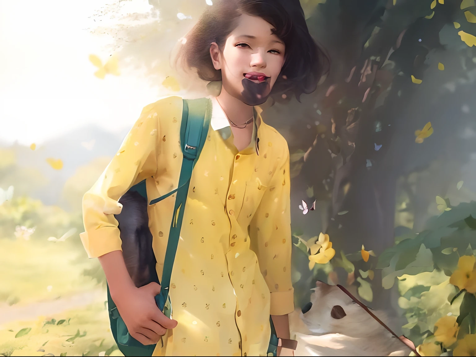 An incredibly charming little girl carrying a backpack, accompanied by her adorable puppy, enjoying a lovely spring outing surrounded by beautiful yellow flowers and natural scenery. The illustration is in high definition at 4k resolution, with highly-detailed facial features and cartoon-style visuals, (Butterfly Dance)