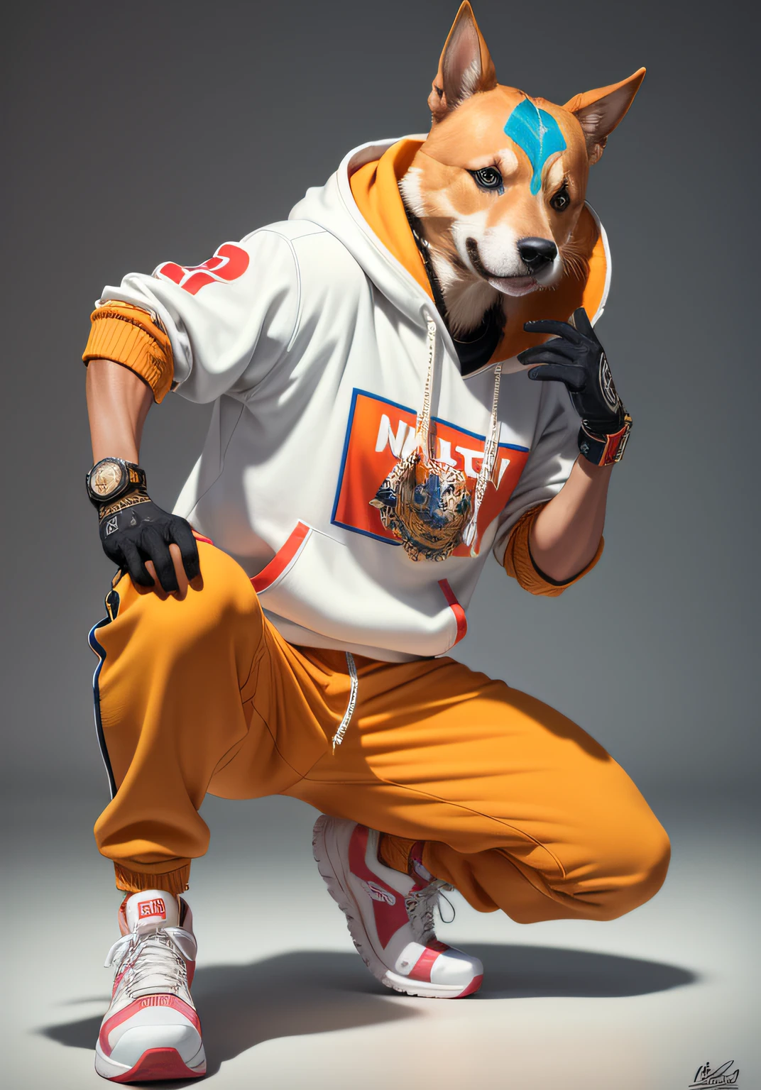 (dynamic pose:1.2),(dynamic camera),In the style of a fashion shoot, a photo of an anthropomorphic dog, wearing large hiphop clothes from 1980s and sneakers, fantasy, insanely detailed and intricate, hypermaximalist, elegant, hyper realistic, super detailed (natural colors, correct white balance, color correction, dehaze,clarity),vivid colours,absurdres,intricate,