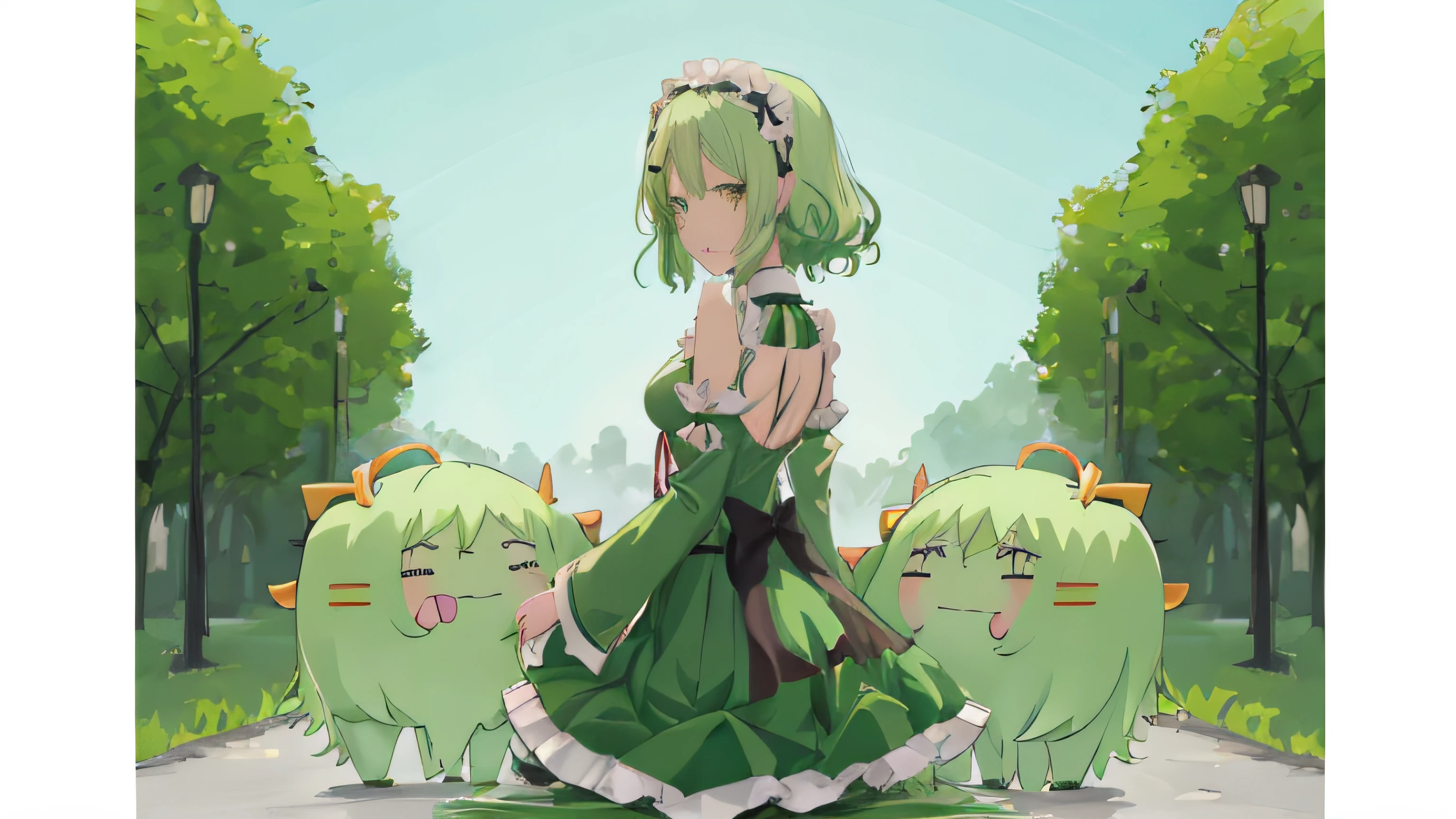 Anime girl in green dress standing in front of green tree, Shirabii, Anime visuals of cute girls, iwakura lain, today's featured anime still, 2 0 1 9 anime screenshot, anime still, Lori, in an anime, safebooru anime image, tatsumaki, Rei Hiroe, wataru kajika, yuruyuri