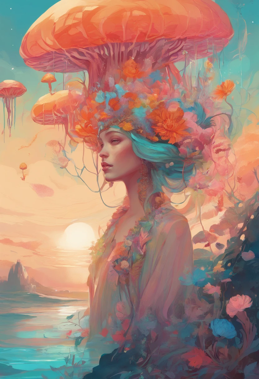 there is a woman with a lot of flowers on her head, jellyfish priestess, psychedelic illustration, jellyfish headdress, a beautiful artwork illustration, in style of laurie greasley, by Justin Gerard, jen bartel, pop surrealism art style, loish |, colorfull illustration, magic mushroom, cosmic horror illustration