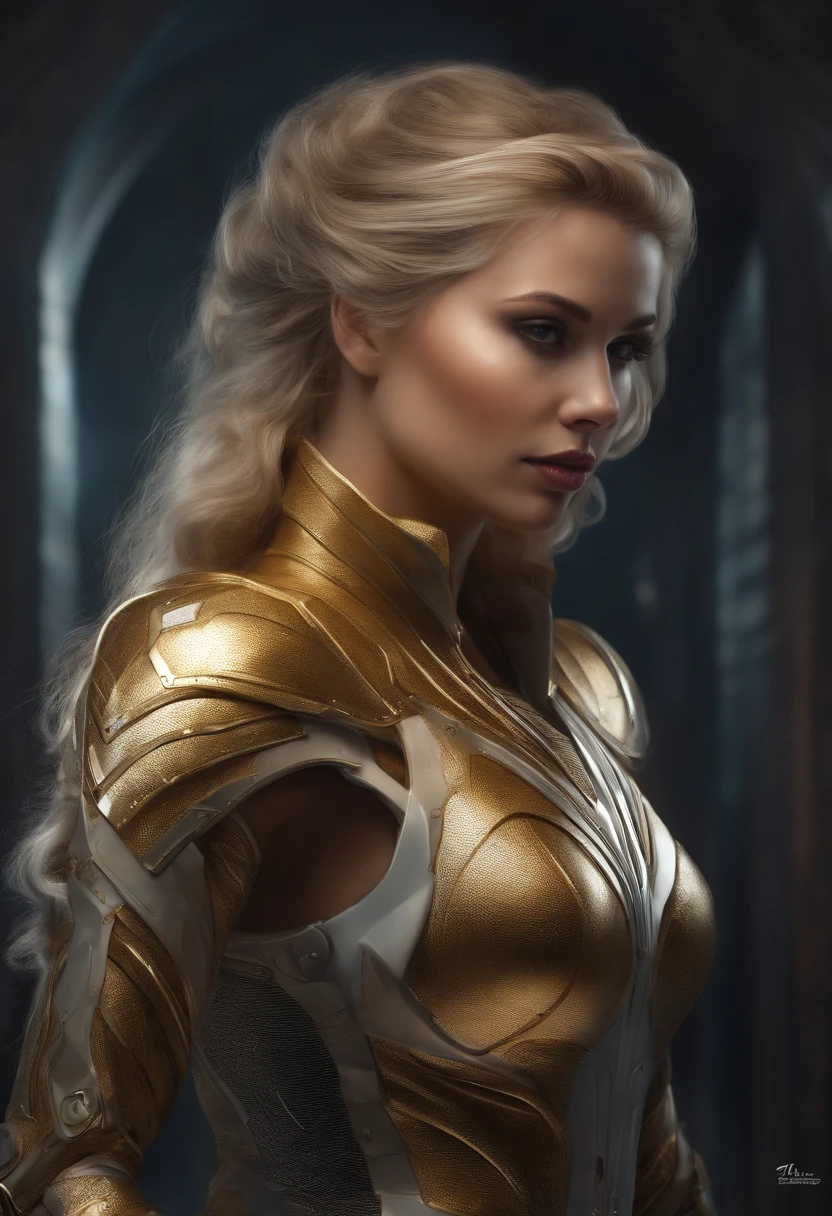 Tire uma foto ao ar livre de uma mulher incrivelmente bonita vestida como um soldado futurista de alta tecnologia, Golden and silver clothes Has an amazing feminine shape, ela tem cabelos vermelhos e olhos azuis. She's incredibly ecstatic beautiful, incrivelmente atraente, incrivelmente atraente, pintura digital, digital illustation, Detalhe extremo, arte digital, 4k, Ultra HD |, Anna Dittmann, hiper fotorrealismo, trending on artstationh, polido, Beautiful, ensolarado, fotorrealista, 8k ultra hd |, Motor Unreal 5, dynamic lighting