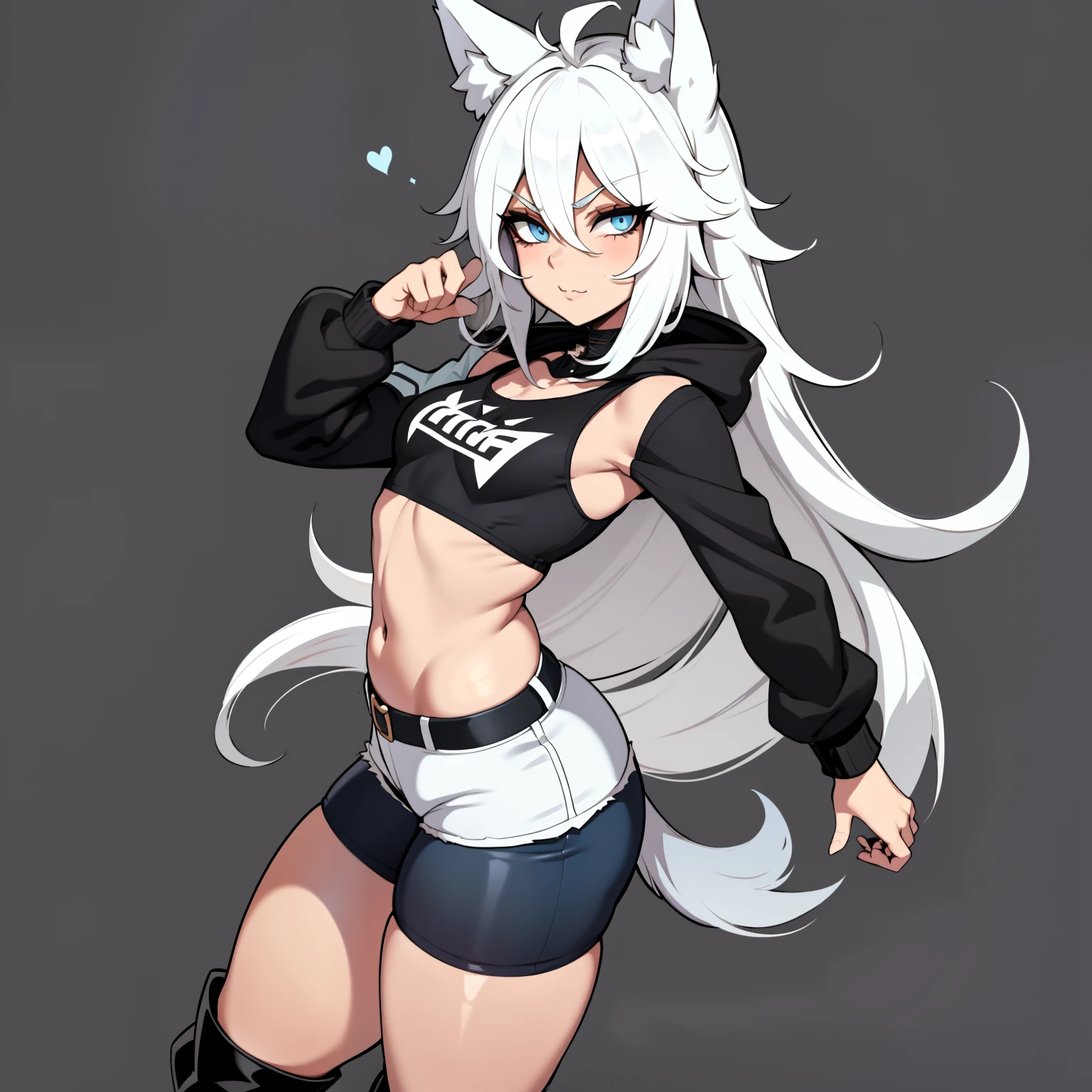 Single boy, Anime Femboy, Short, Long white hair, wolf ears, wolf tail, blue eyes, wearing jean short shorts, thigh high socks, black combat boots, wearing cropped black hoodie, flat chest, super flat chest, solo femboy, only one femboy ((FLAT CHEST)), wide hips, thicc thighs, happy, nice butt