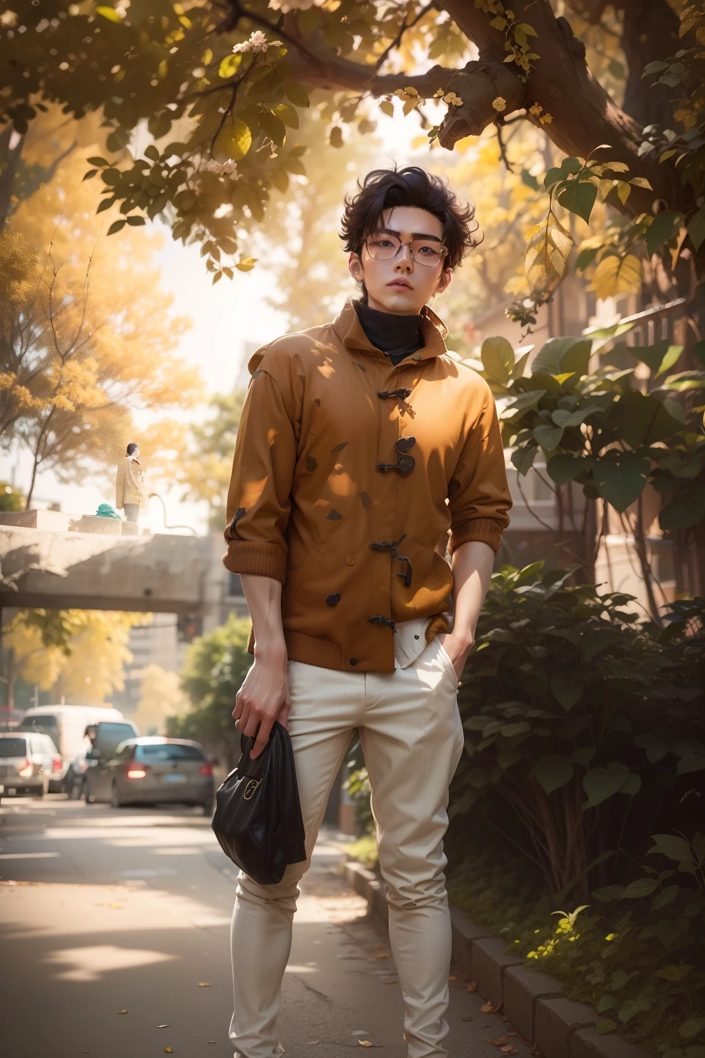 high high quality,A man wearing a necklace and coat stands in front of a white background, Cai Xukun, yanjun cheng, wearing a turtleneck and jacket, he is wearing a brown sweater, he has short curly brown hair, inspired by jeonseok lee, he has an elongated head shape, xqc, with same hairstyle, Solid Backgroud