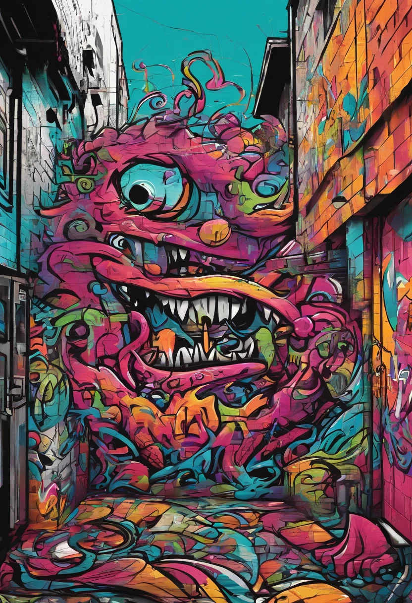 garbage pail kids style, a worm with a face sticking out of the side of a building, garbage pail style, a grotesque humanoid worm creature,highly detailed face emerging from the side of a dilapidated building,grungy urban environment, vibrant colors, surreal and bizarre, twisted and distorted, nightmarish and unsettling, (best quality,4k,8k,highres,masterpiece:1.2),ultra-detailed,(realistic,photorealistic,photo-realistic:1.37),grotesque,surreal,dark fantasy,horror,bizarre,unsettling,unsettling atmosphere,gritty,urban decay,detailed textures,vibrant colors,twisted,distorted,monstrous,nightmarish