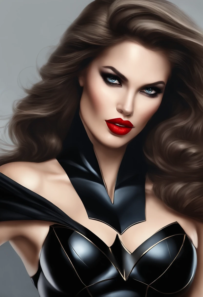 Tire uma foto ao ar livre de uma mulher incrivelmente bonita vestida como o batman, tem  olhos azuis grandes, large lips with red lipstick, Has an amazing feminine shape, She's incredibly ecstatic beautiful, incrivelmente atraente, incrivelmente atraente, pintura digital, digital illustation, Detalhe extremo, arte digital, 4k, Ultra HD |, Anna Dittmann, hiper fotorrealismo, trending on artstationh, polido, Beautiful, ensolarado, fotorrealista, 8k ultra hd |, Motor Unreal 5, dynamic lighting