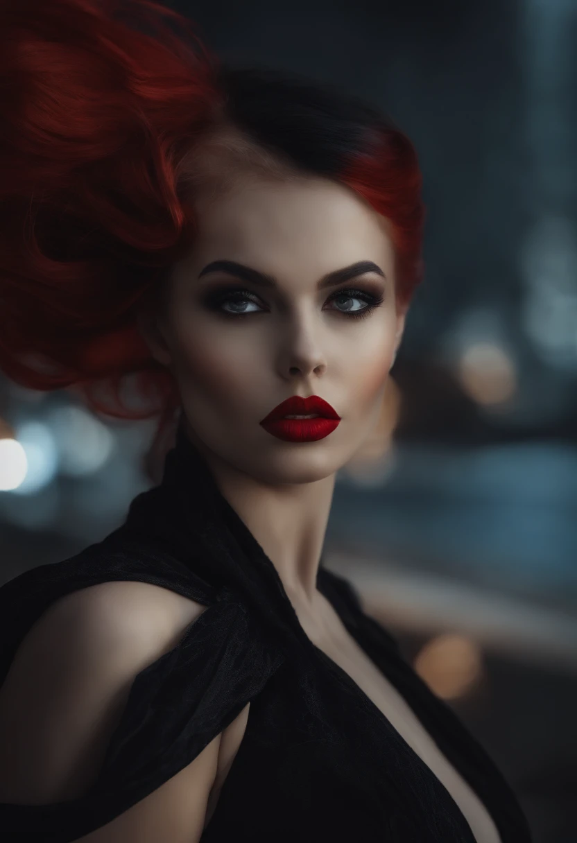 Tire uma foto ao ar livre de uma mulher incrivelmente bonita vestida como o batman, tem  olhos azuis grandes, large lips with red lipstick, Has an amazing feminine shape, She's incredibly ecstatic beautiful, incrivelmente atraente, incrivelmente atraente, pintura digital, digital illustation, Detalhe extremo, arte digital, 4k, Ultra HD |, Anna Dittmann, hiper fotorrealismo, trending on artstationh, polido, Beautiful, ensolarado, fotorrealista, 8k ultra hd |, Motor Unreal 5, dynamic lighting