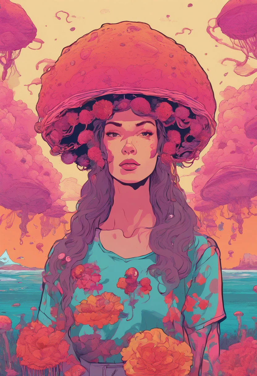 there is a woman with a lot of flowers on her head, jellyfish priestess, psychedelic illustration, jellyfish headdress, a beautiful artwork illustration, in style of laurie greasley, by Justin Gerard, jen bartel, pop surrealism art style, loish |, colorfull illustration, magic mushroom, cosmic horror illustration