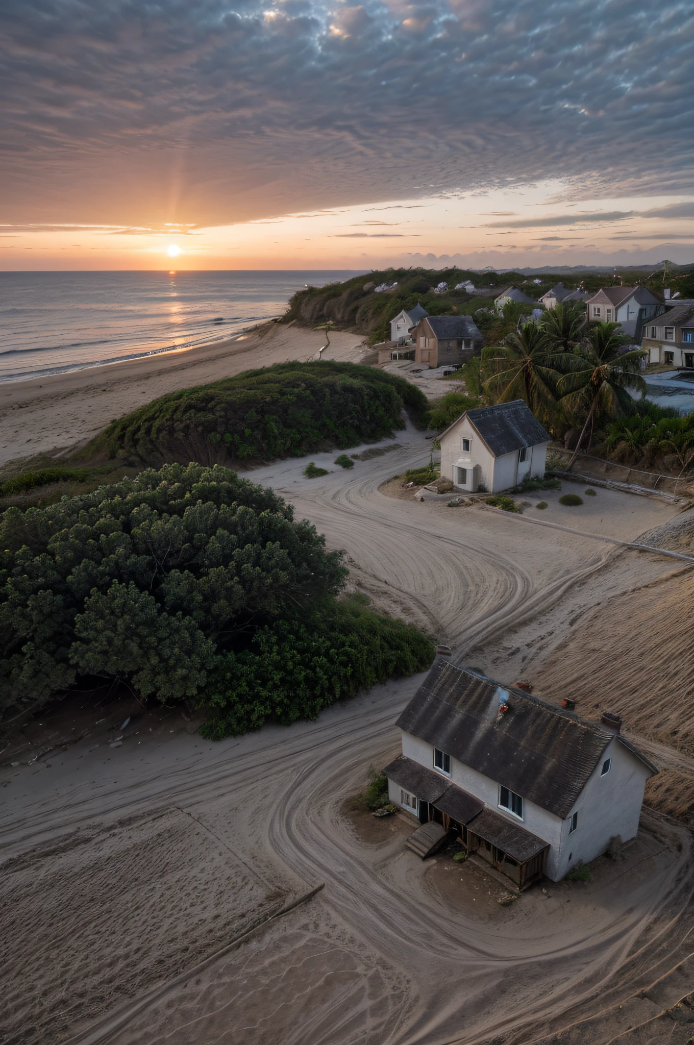 (retouched:1.6), photo of house in lonely village (on beach), on an island, sunset