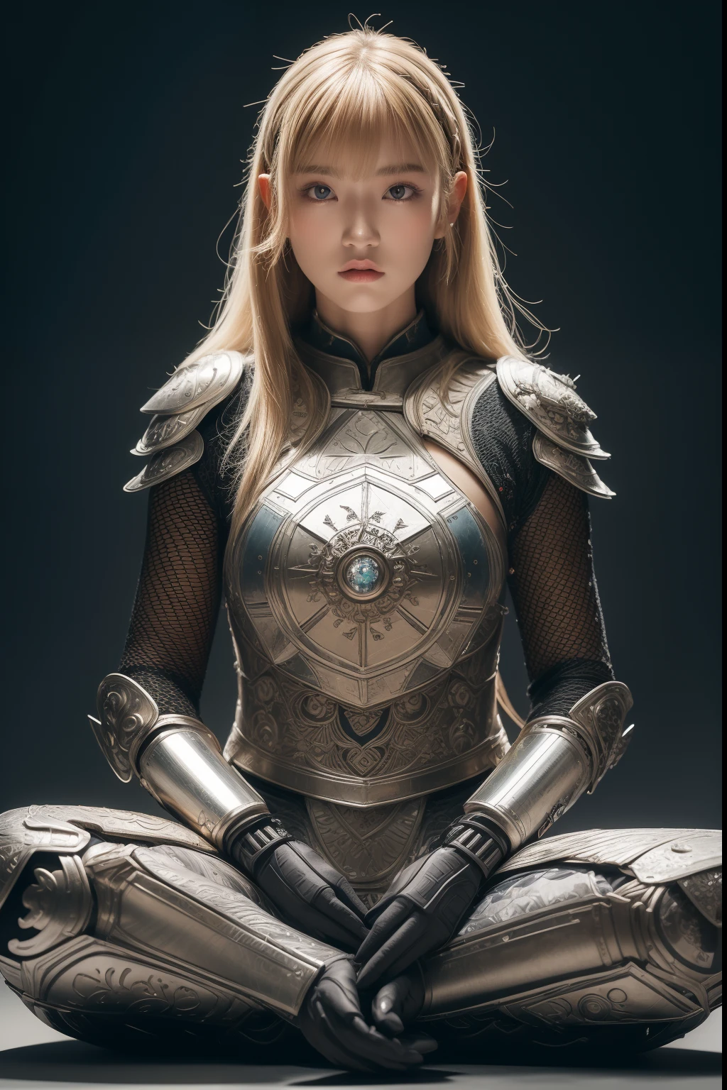 1 girl in, (Fudo Ming:1.2)Woman wearing multiple layers all over her body(Magnesium heavy metals:1.2)、(White metal armor with complex shapes:1.2)、No Underwear、（Sit in the lotus position）、Shingon Esoteric Buddhism Worldview、Detailed mandala background、Glowing skin, wet​、teats、Blonde straight hair、Nicely aligned neckline、fullllbody、 ArtGerm, Ultra-detailed, Intricate and detailed art of color trends in the Art Station Triad, intricate detailes, 8K resolution