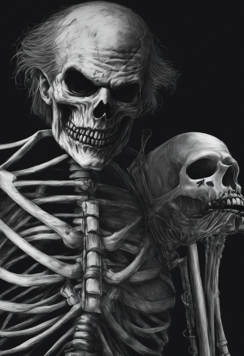 Sketch drawing of the character Skeleton Joker, Hyper-realistic, Artistic, All black and white,Argue with each other