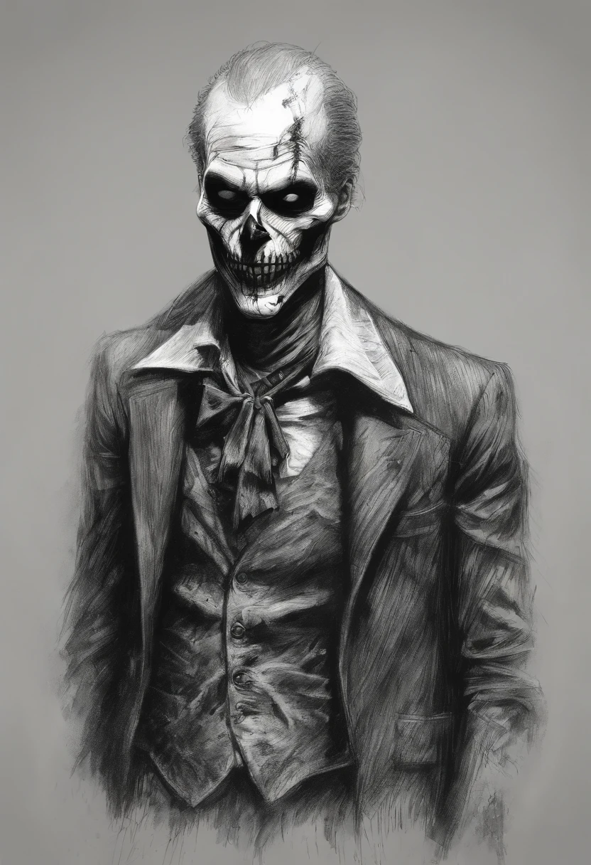 Sketch drawing of the character Skeleton Joker, Hyper-realistic, Artistic, All black and white，Argue with each other