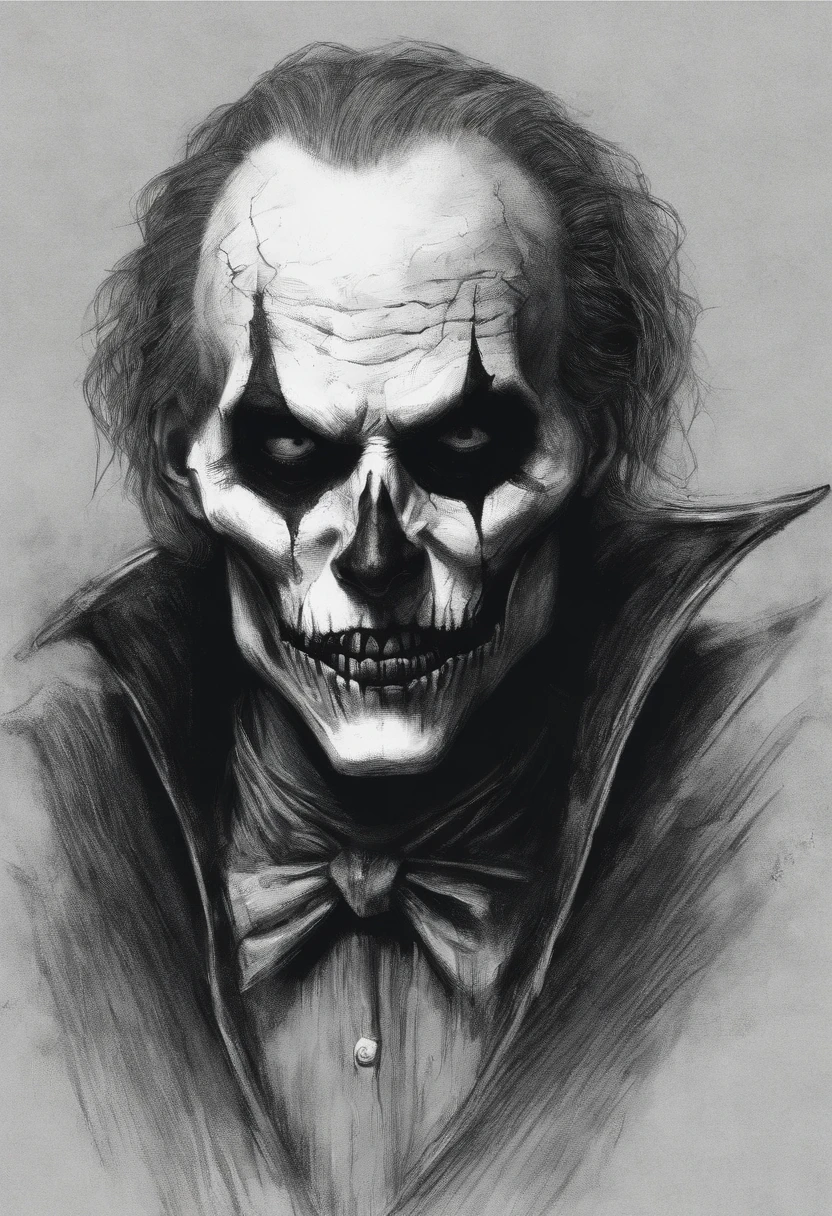 Sketch drawing of the character Skeleton Joker, Hyper-realistic, Artistic, All black and white,Argue with each other