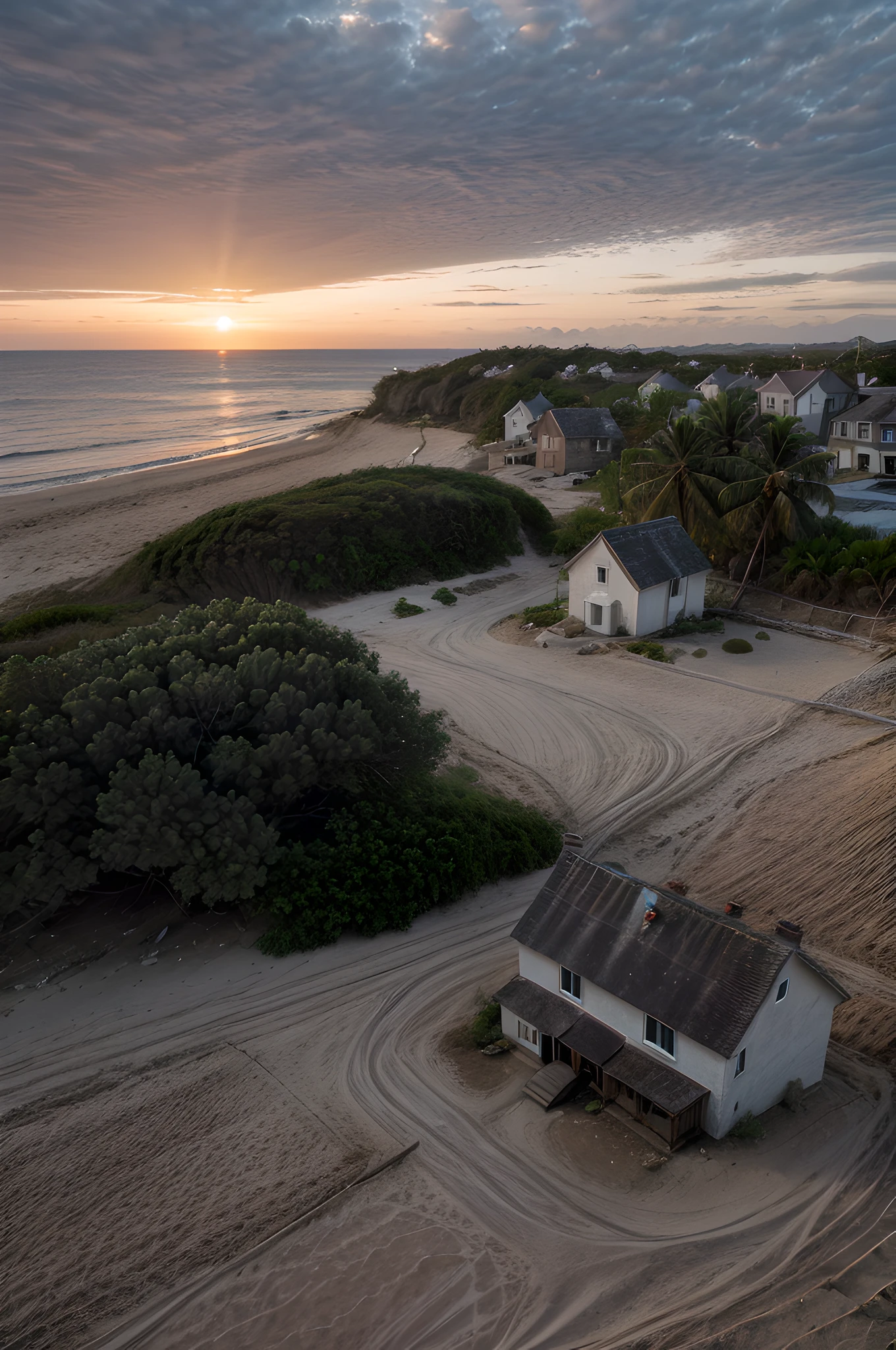 (retouched:1.6), photo of house in lonely village (on beach), on an island, sunset