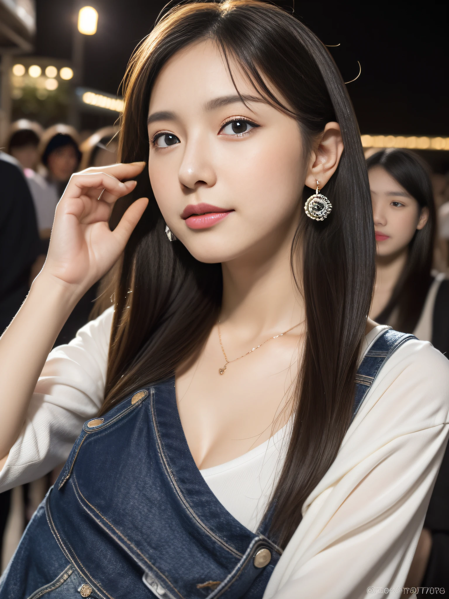 (((32K,very high res, high detailing, highly accurate, masutepiece、girl1))),Raw photo & realistic atmosphere,beautiful dark blue eyes,Detailed mouth,Glossy lips,Detailed eyebrows,Eyes drawn in detail with soft white skin that shines with every detail、Very beautiful eyes with azure eyes,Detailed lips、Very beautiful face,Very well-formed face、Lifelike face,shiny beautiful lips,Beautiful eyebrows,Infinite reality,Best design,(Insanely cute Japan 17-year-old high school girl,Toned body,thighs thighs thighs thighs,Slender legs,Beautifully shaped breasts,Very cute beautiful girl,Little Girl:1.4),Best Natural Makeup,Japanese ido,Korean Idols,Young sensual idol,Moist eyes,Dark beautiful eyes,Beautiful butt,beauty legs,,camel's foot,:1.2),超A high resolution、The face of a masterpiece with high detail,Natural and realistic face,Back lighting,Pure eyes are too cute,(((photorealisim,Photograph the whole body))),,Reality Live Action,(Earrings that look fashionable,,a necklace,A bracelet,gyuru,Glossy nail art,Street fashion,Oversized tops,Denim pants,White sneakers,Colorful Hair Color:1.4),Shibuya's night entertainment district,A smile,Happy,