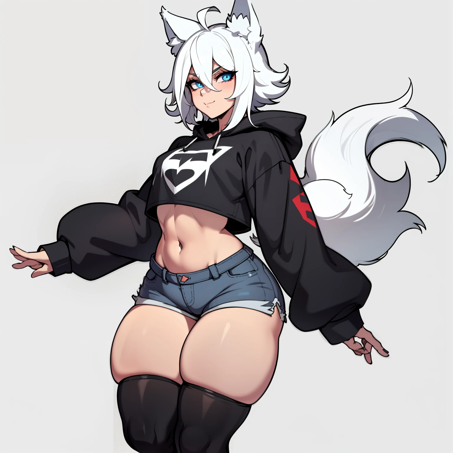 Single boy, Anime Femboy, Short, Long white hair, wolf ears, wolf tail, blue eyes, wearing jean short shorts, thigh high socks, black combat boots, wearing cropped black hoodie, flat chest, super flat chest, solo femboy, only one femboy ((FLAT CHEST)), wide hips, thicc thighs, happy, nice butt