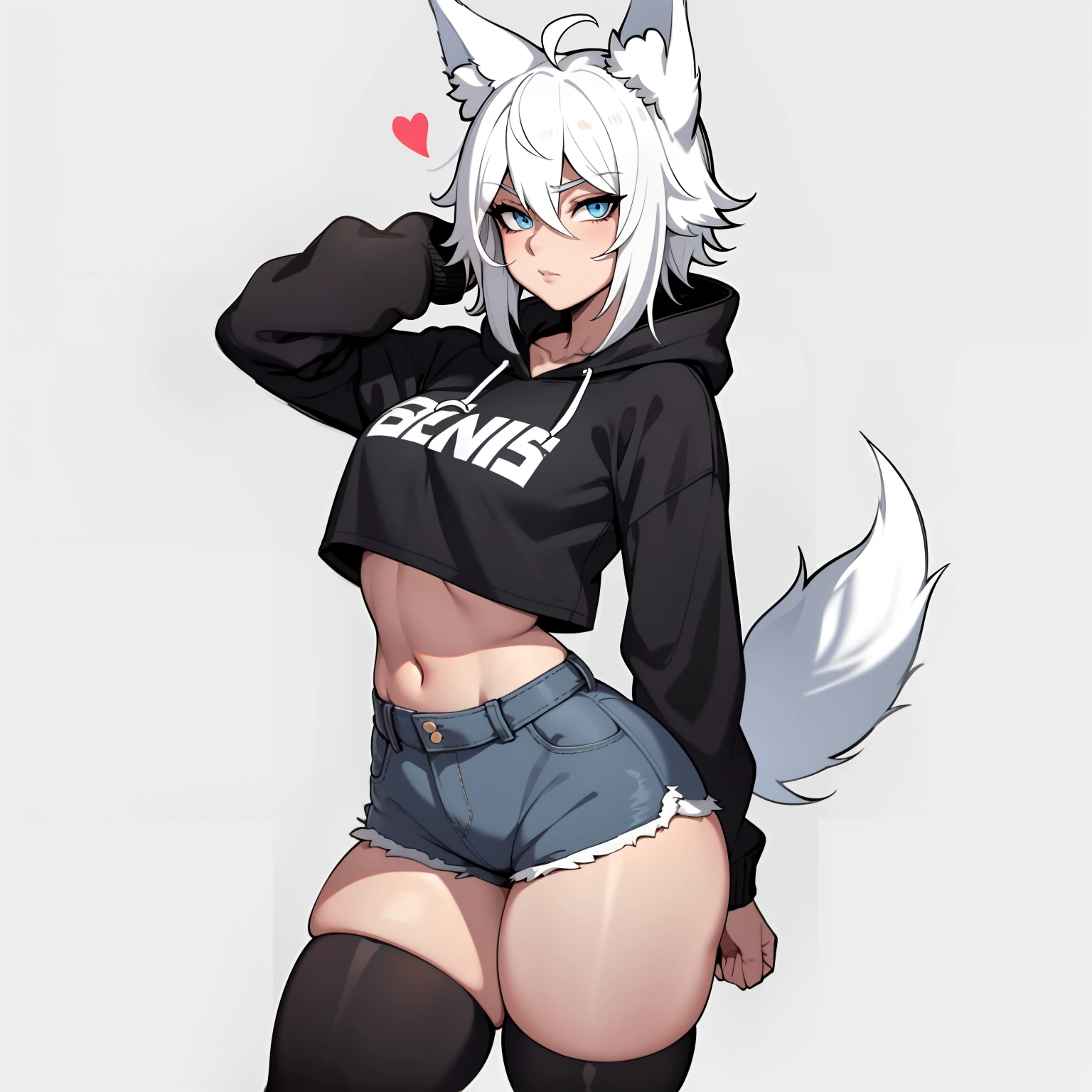 Single boy, Anime Femboy, Short, Long white hair, wolf ears, wolf tail, blue eyes, wearing jean short shorts, thigh high socks, black combat boots, wearing cropped black hoodie, flat chest, super flat chest, solo femboy, only one femboy ((FLAT CHEST)), wide hips, thicc thighs, happy, nice butt