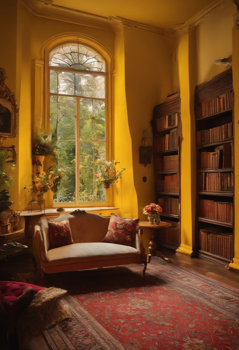 varios angulos de uma sala com paredes e armarios flores e livros e cortina amarela
