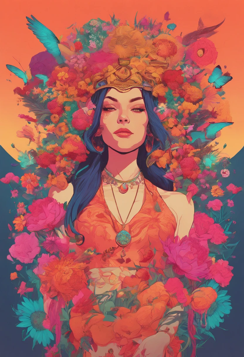 colorful butterflies, girl, bikini, upper body, witch hat, (face details: 1.2), (medium breasts), (cleavage), (thigh band), long hair, asymmetrical bangs, tarot border, centered figure, (no weapon), (swaying),