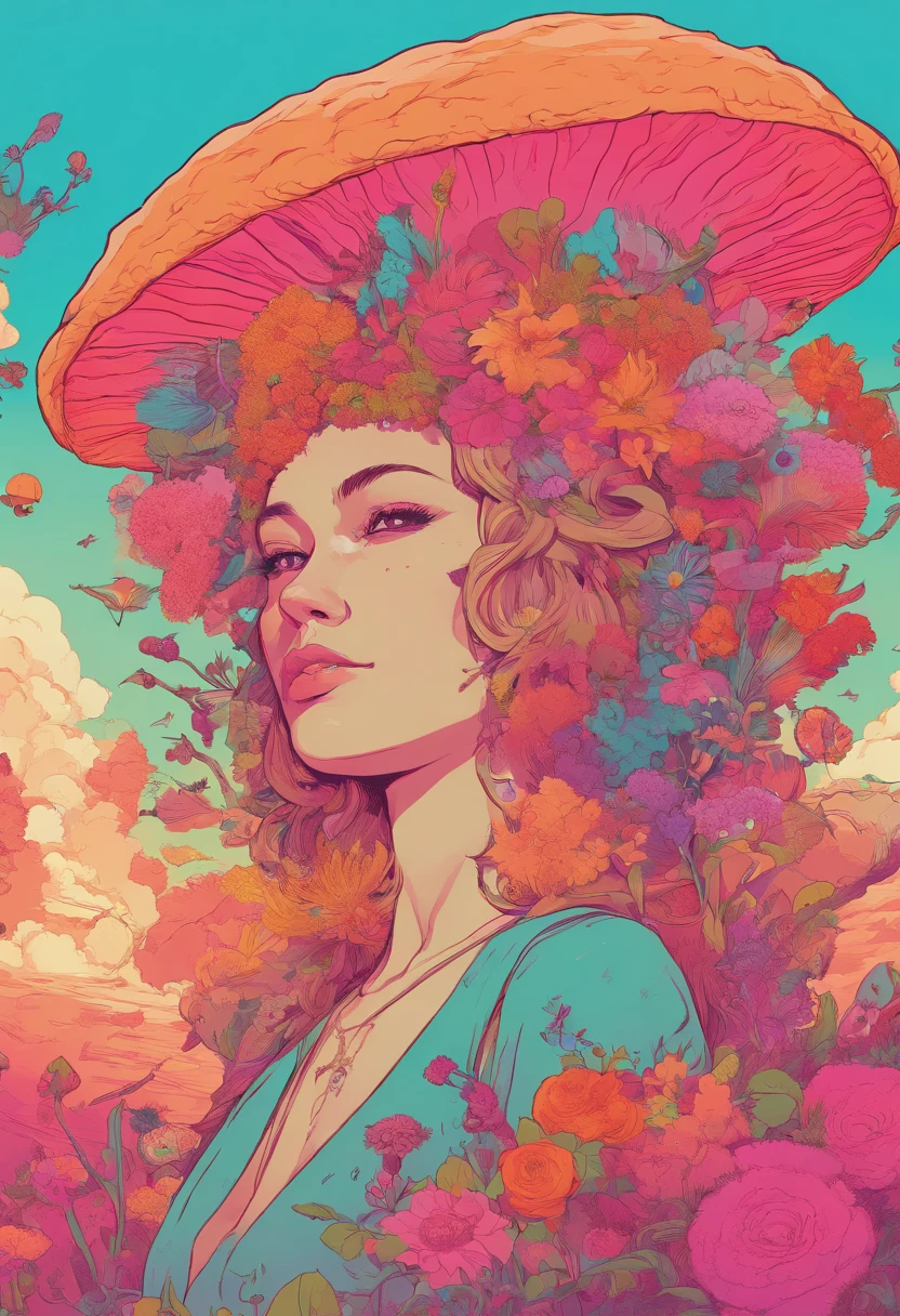 there is a woman with a lot of flowers on her head, priestess, psychedelic illustration, headdress, a beautiful artwork illustration, in style of laurie greasley, by Justin Gerard, jen bartel, pop surrealism art style, loish |, colorfull illustration, magic mushroom, cosmic horror illustration