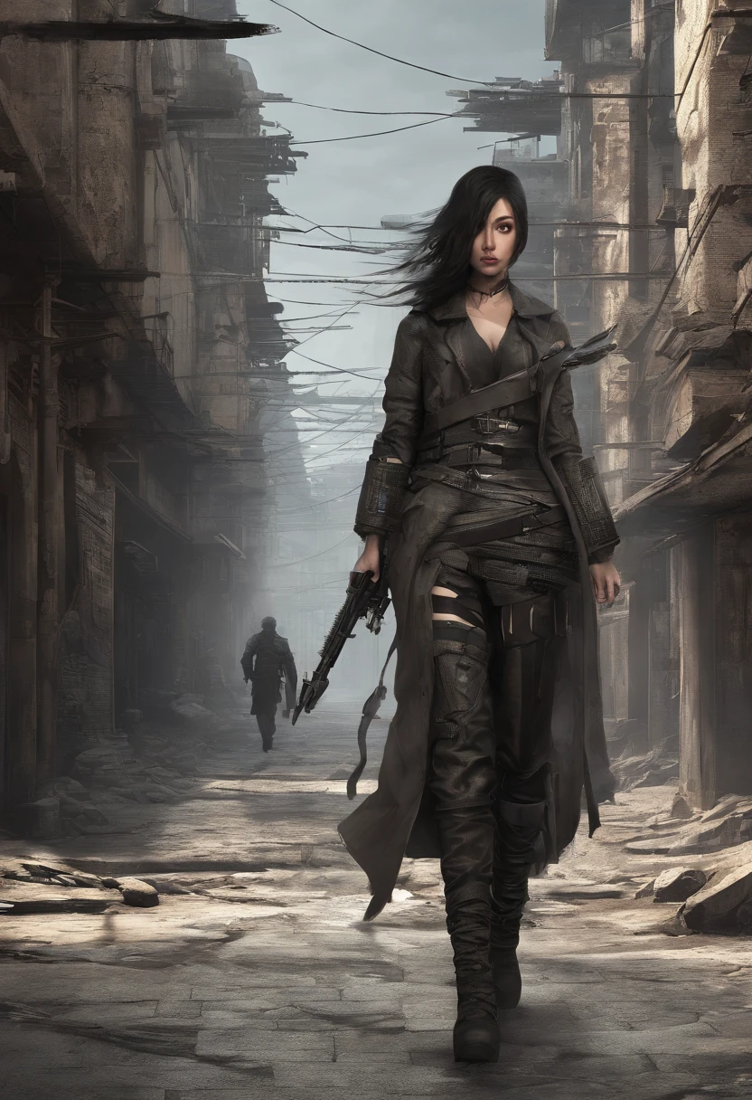The Killer Girl, Two daggers , Oriental architecture, in the city, Running down the alley, fantasy,
